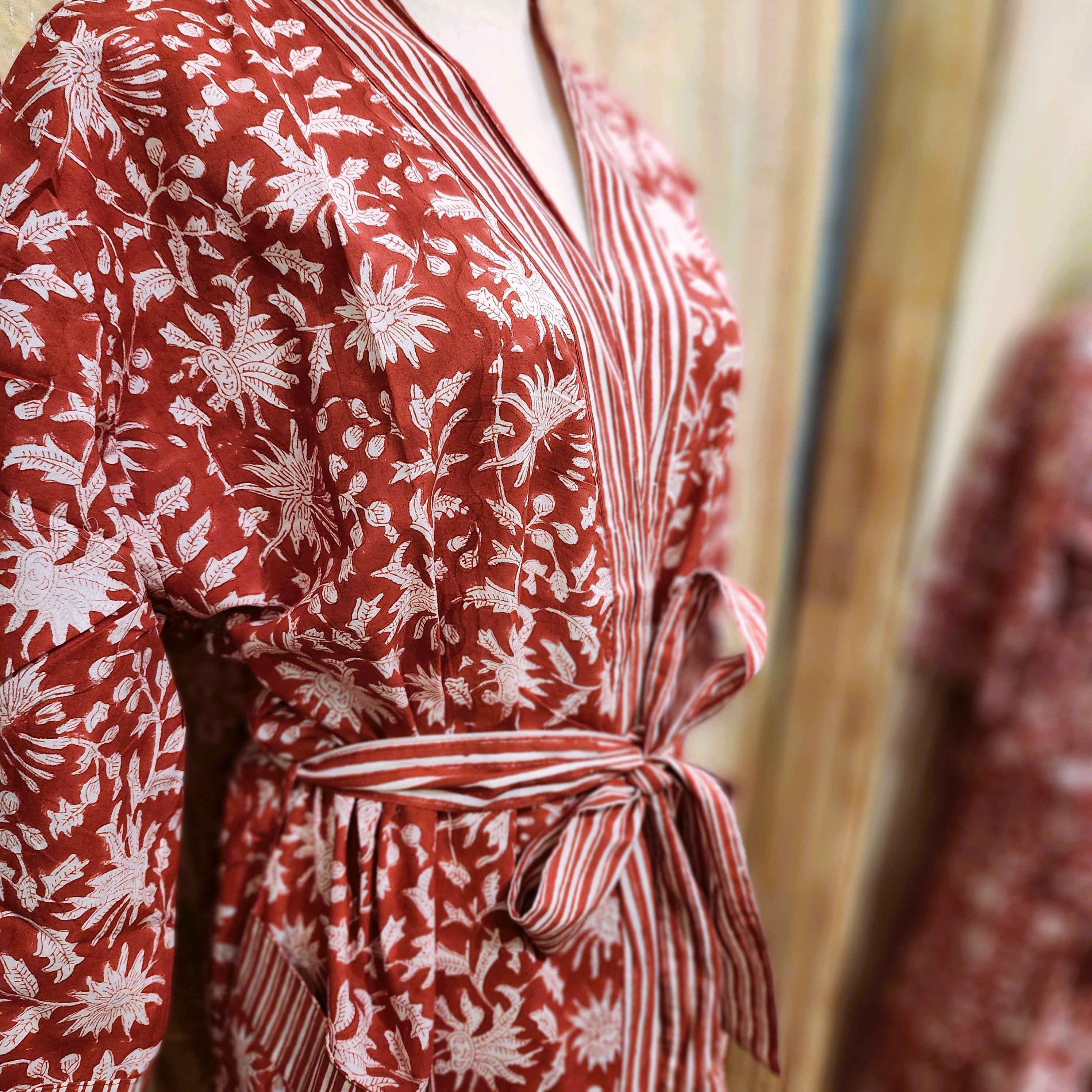 Festive Red block print cotton robe, red and white print, one size