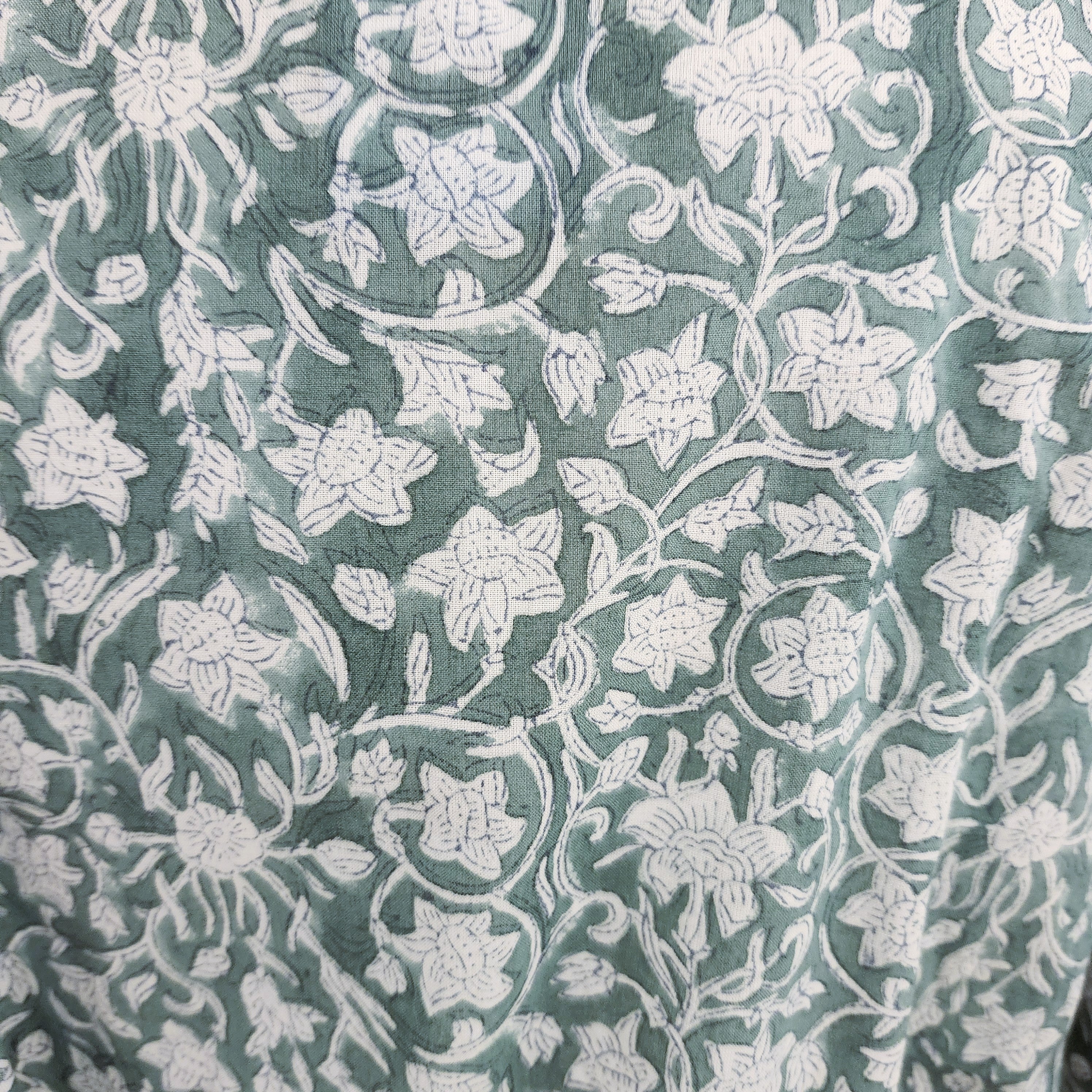 Green floral block print cotton robe, one size fits most, detail
