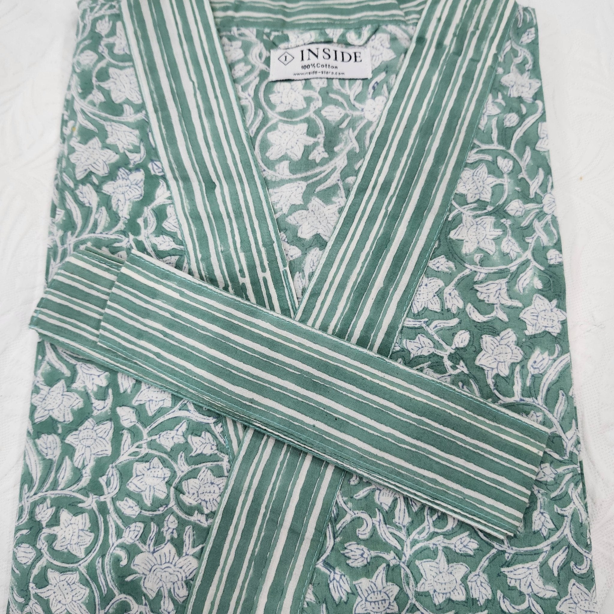 Floral green cotton bathrobe, block print, machine washable