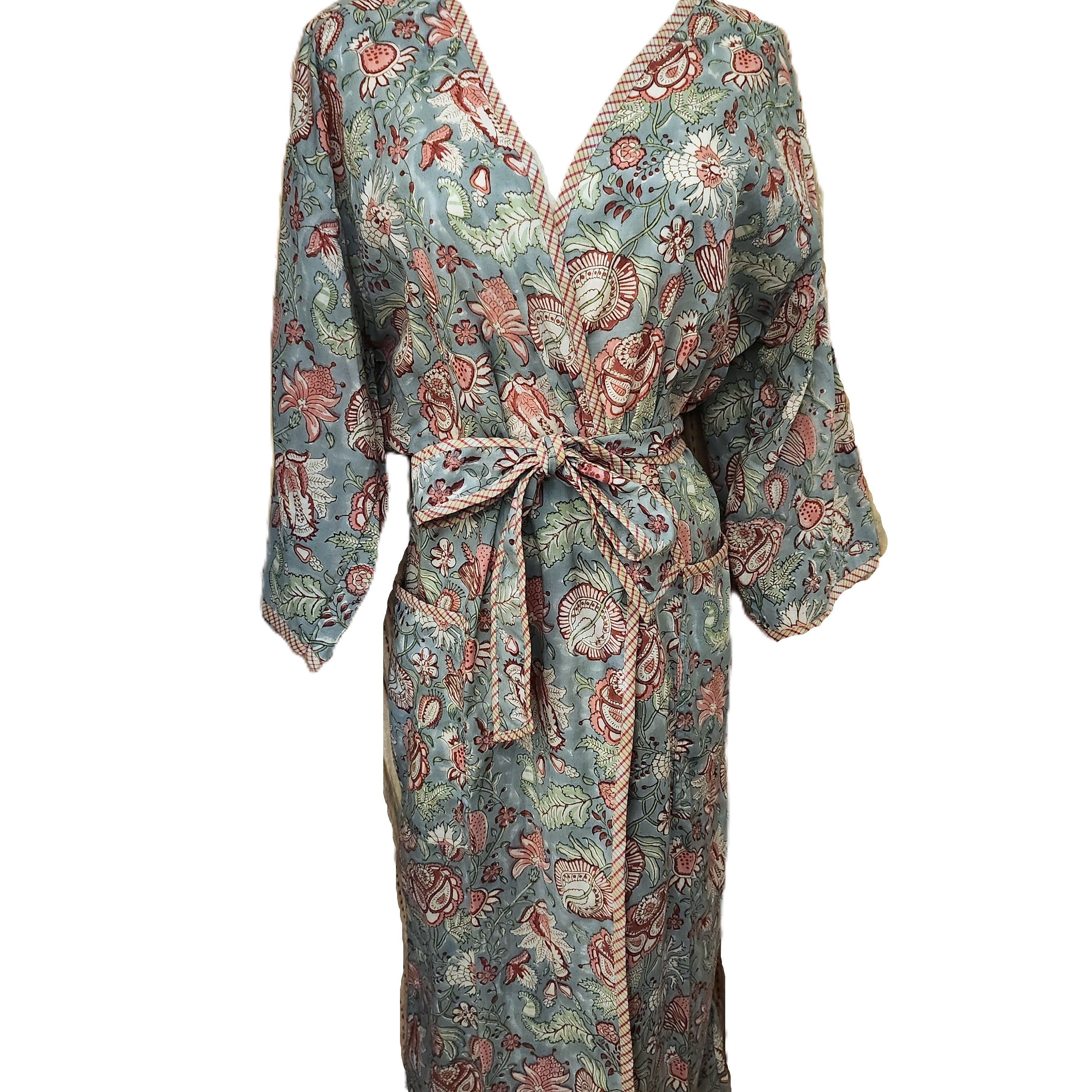 Hibiscus block print cotton robe with two pockets, one size fits most
