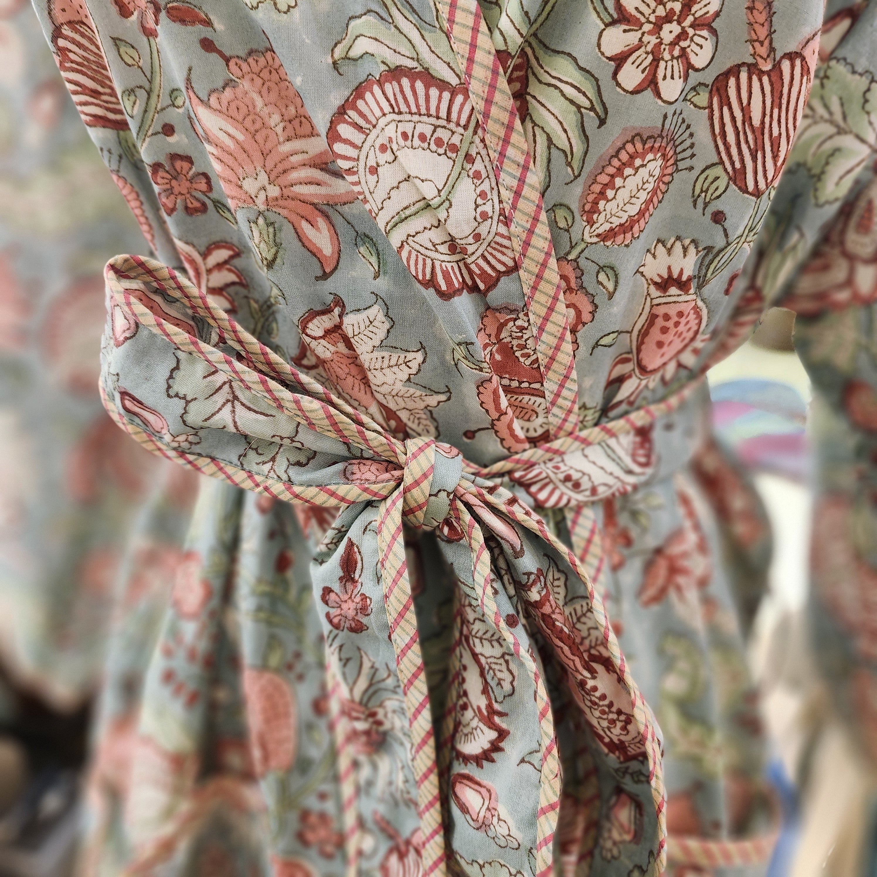 Hibiscus block print cotton robe, pink and green hibiscus on pale blue, one size
