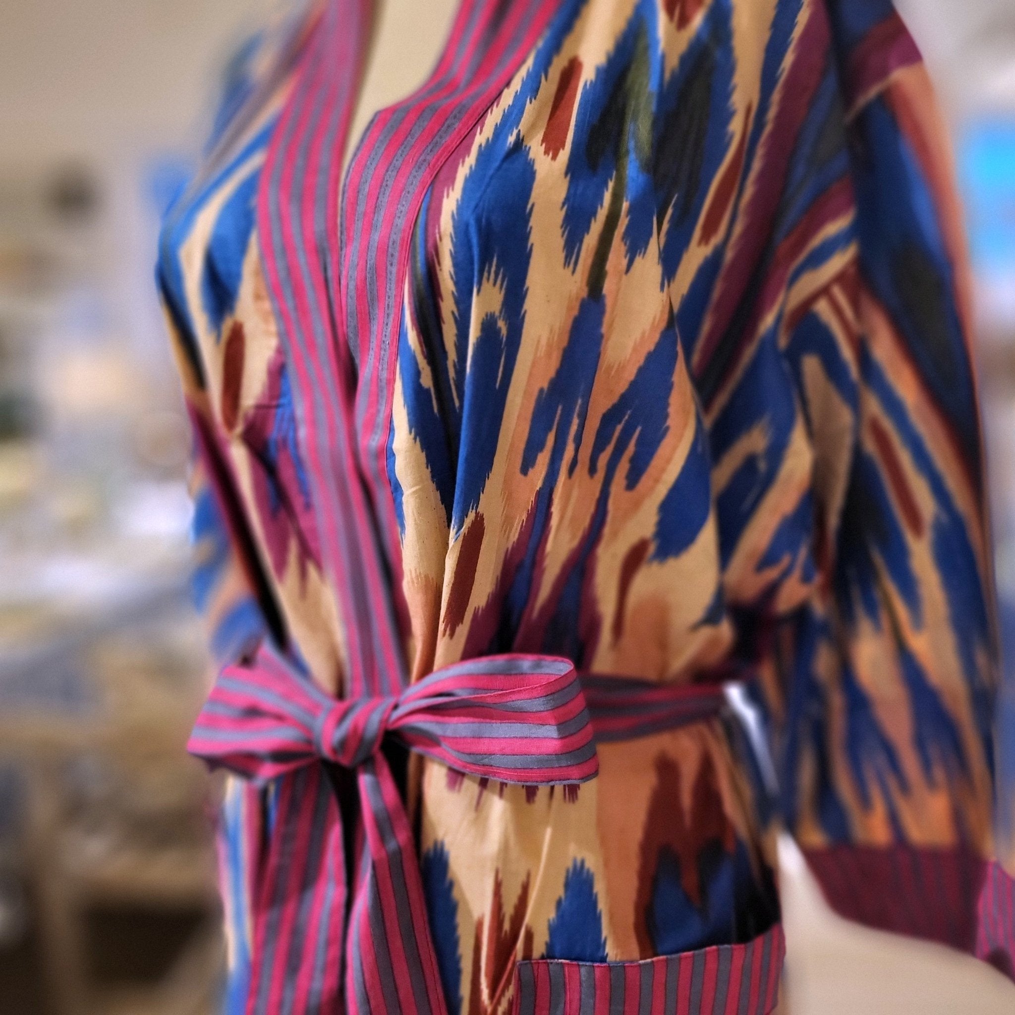 Ikat block print cotton robe, blue and pink ikat with stripe trim, one size