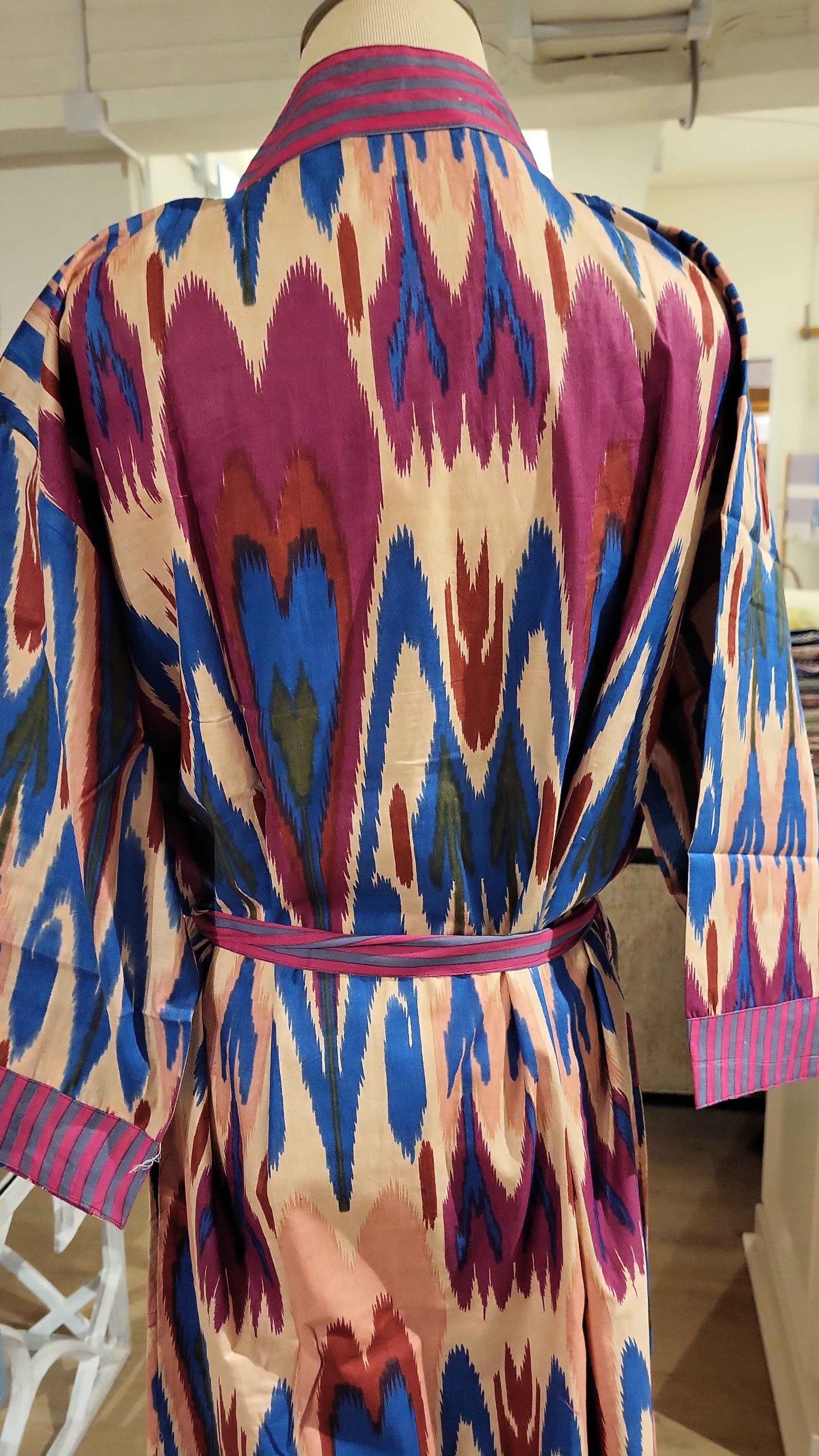 Ikat cotton robe in blue and pink, one size fits most, styled