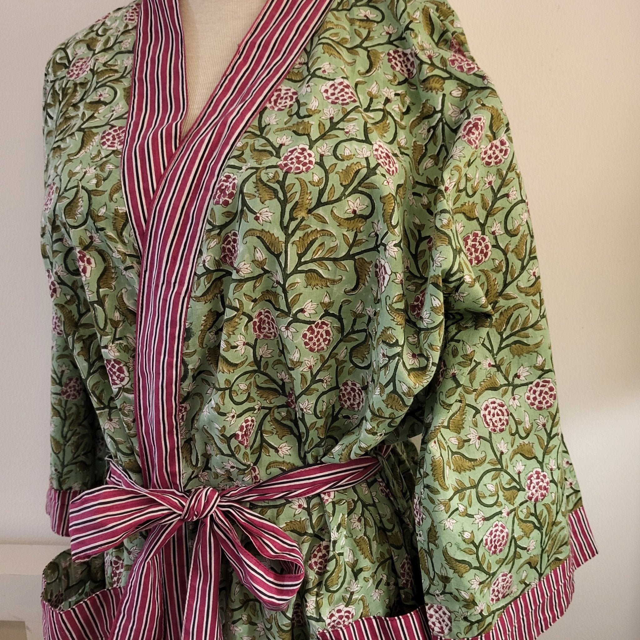 Floral Sage block print cotton robe, floral on sage with red trim, one size