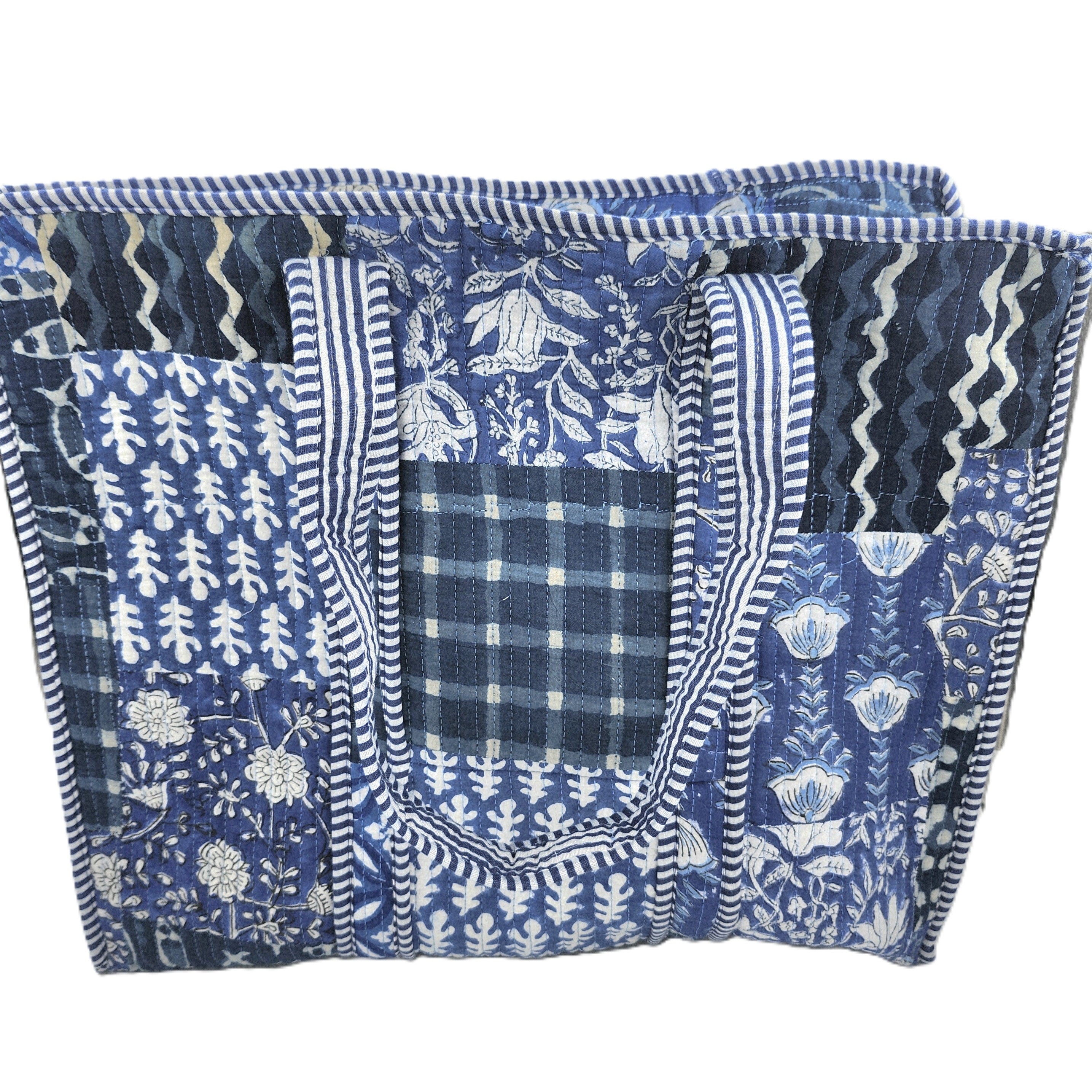 Quilted patchwork block-print shopper bag in blue