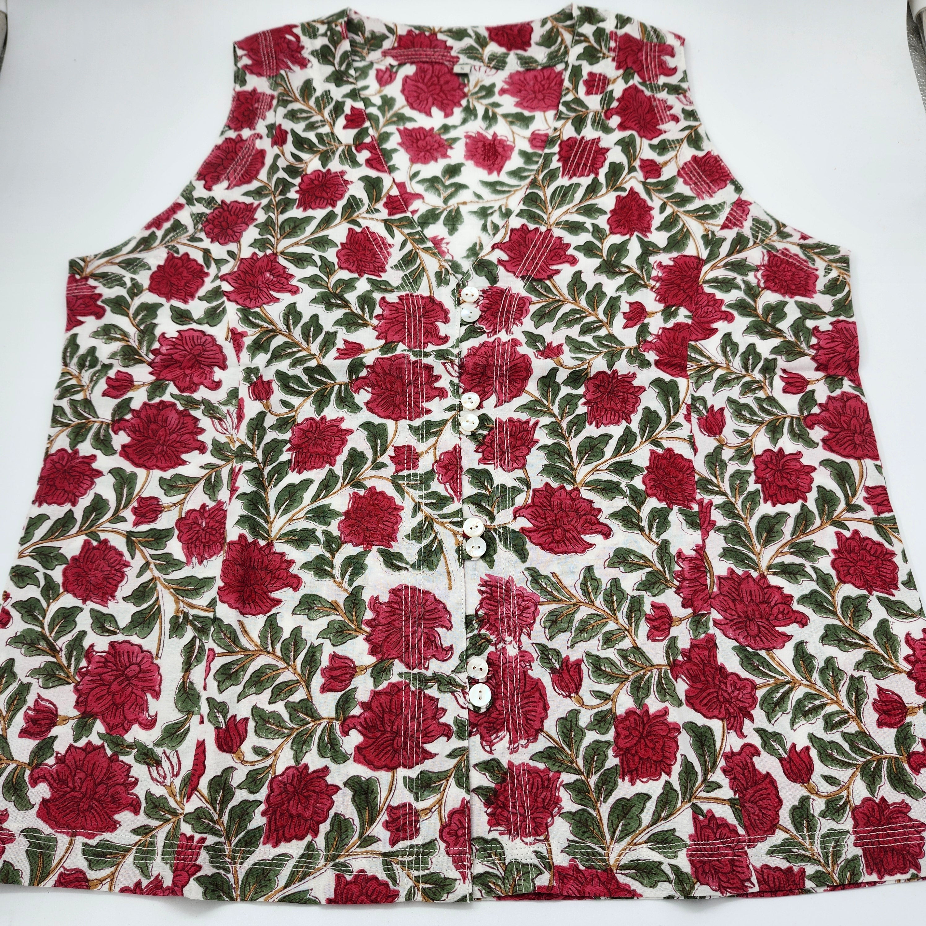 Jasmine sleeveless block-print cotton shirt with a V-neck