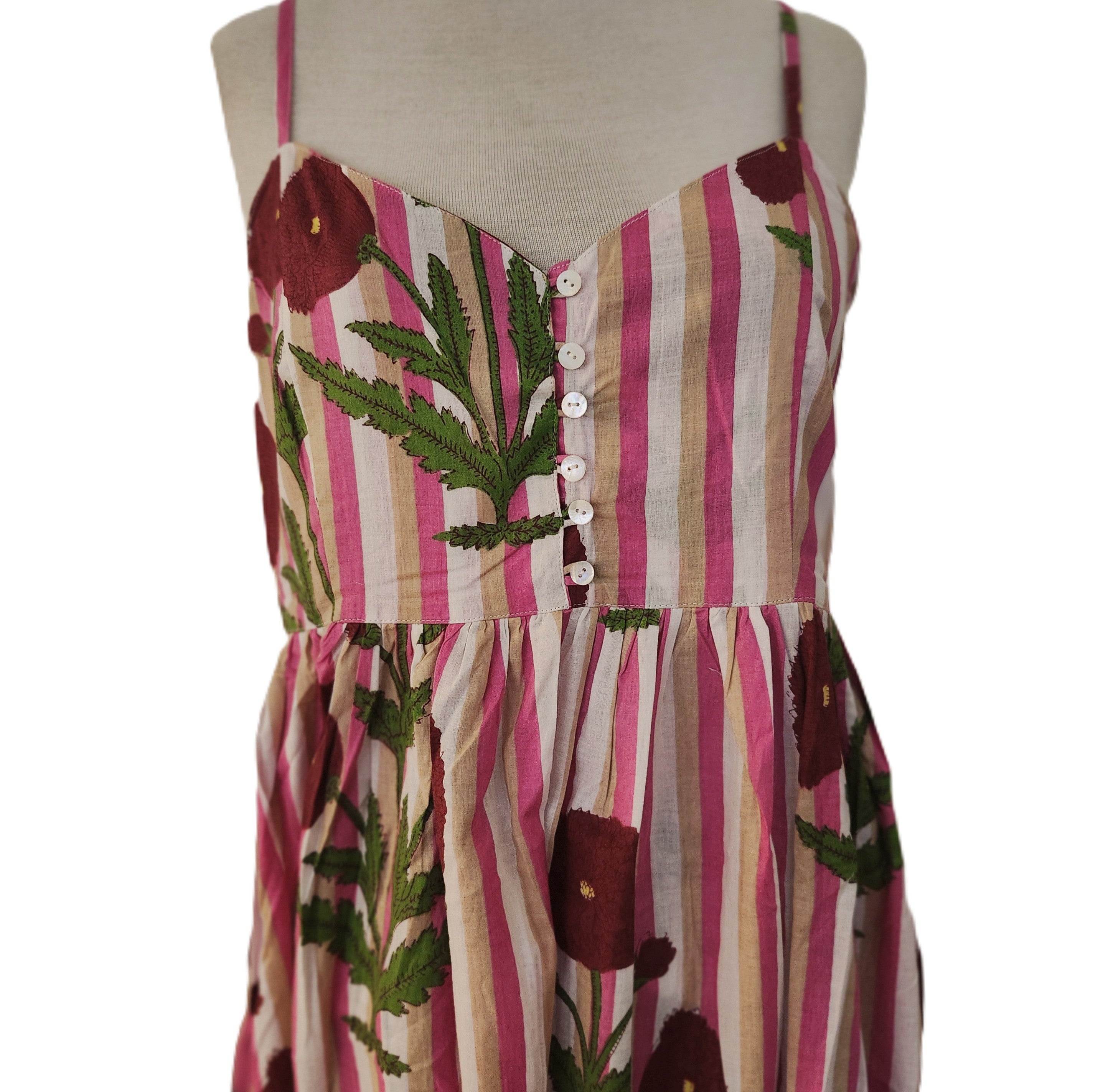 Block-print cotton sundress in a pink poppy print