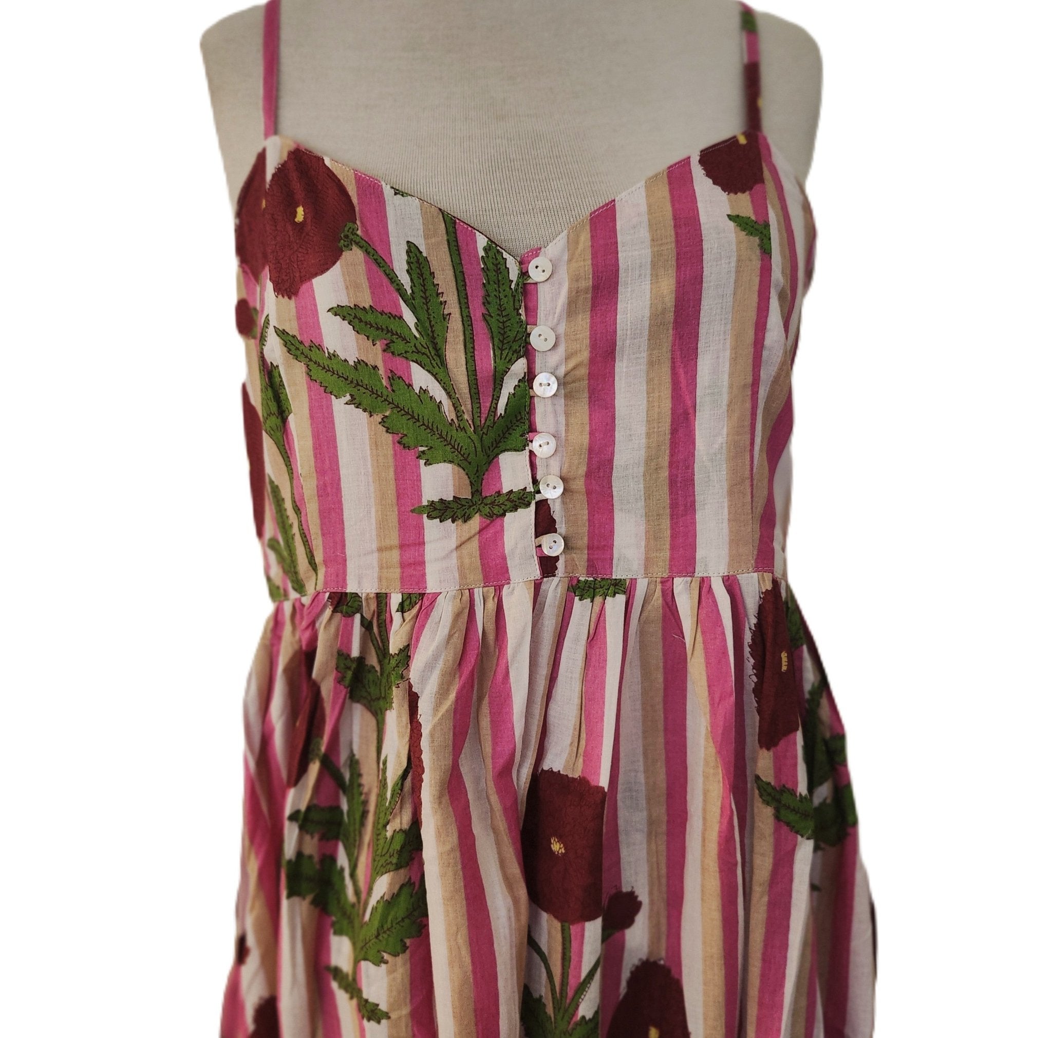 Block-print cotton sundress in a pink poppy print