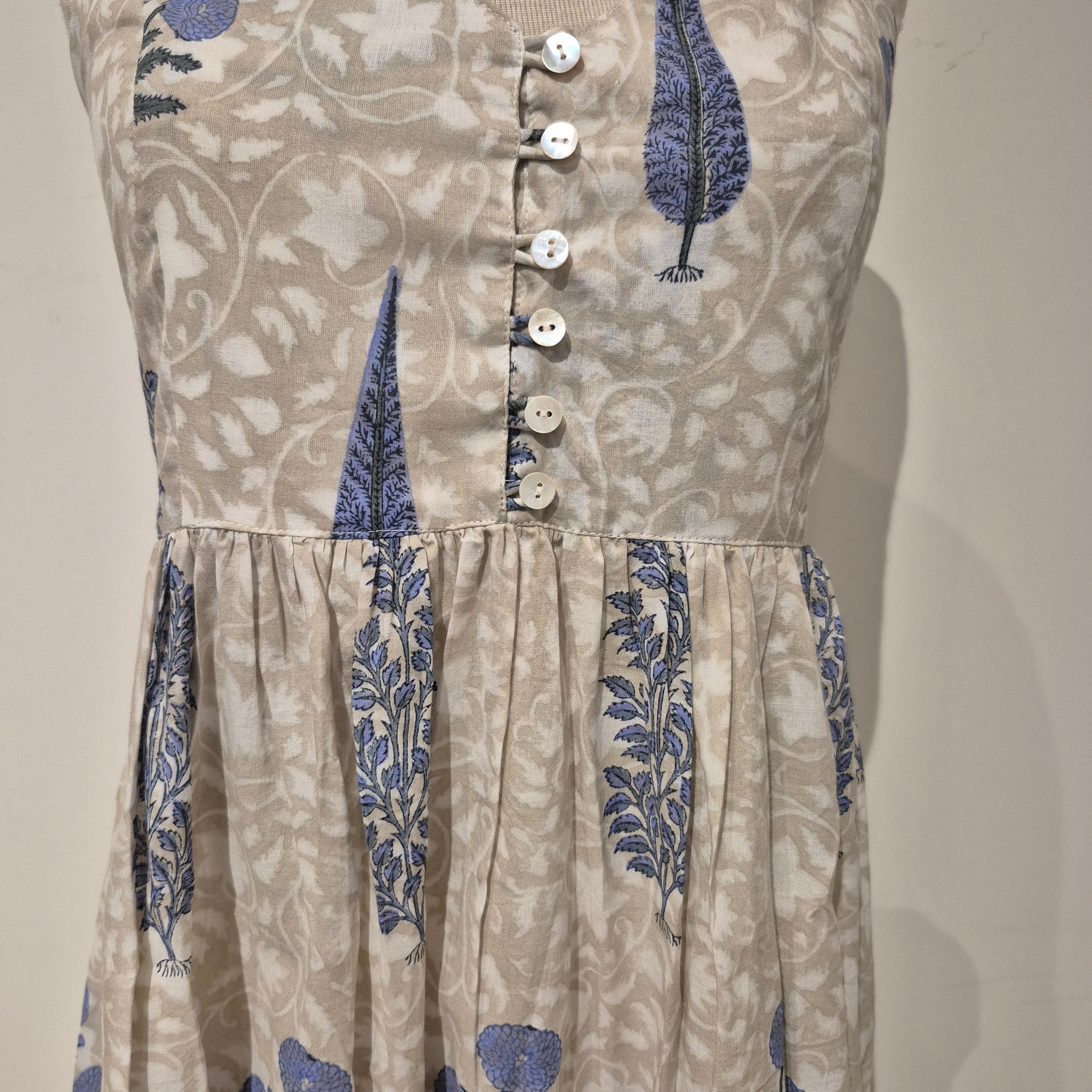 Block-print cotton sundress in a blue poppy print