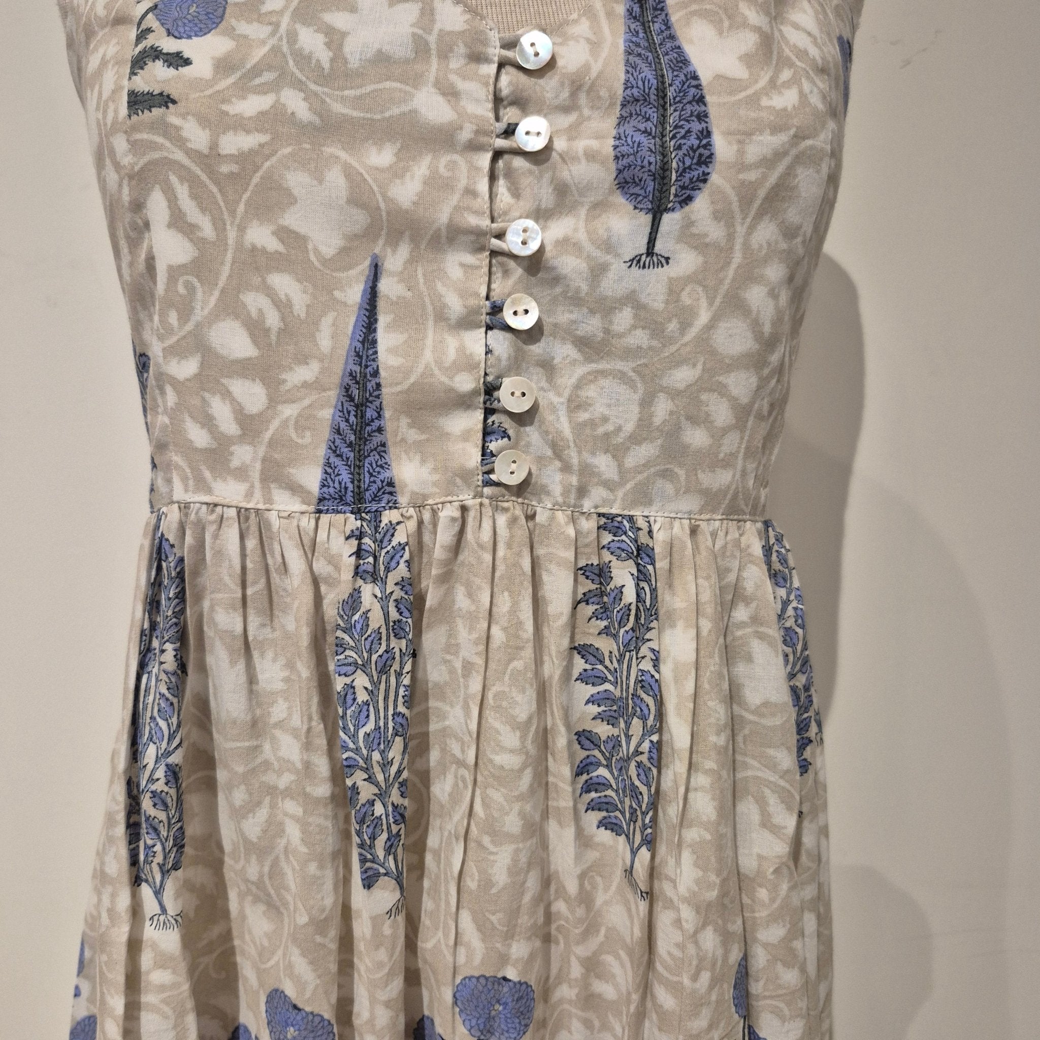 Block-print cotton sundress in a blue poppy print