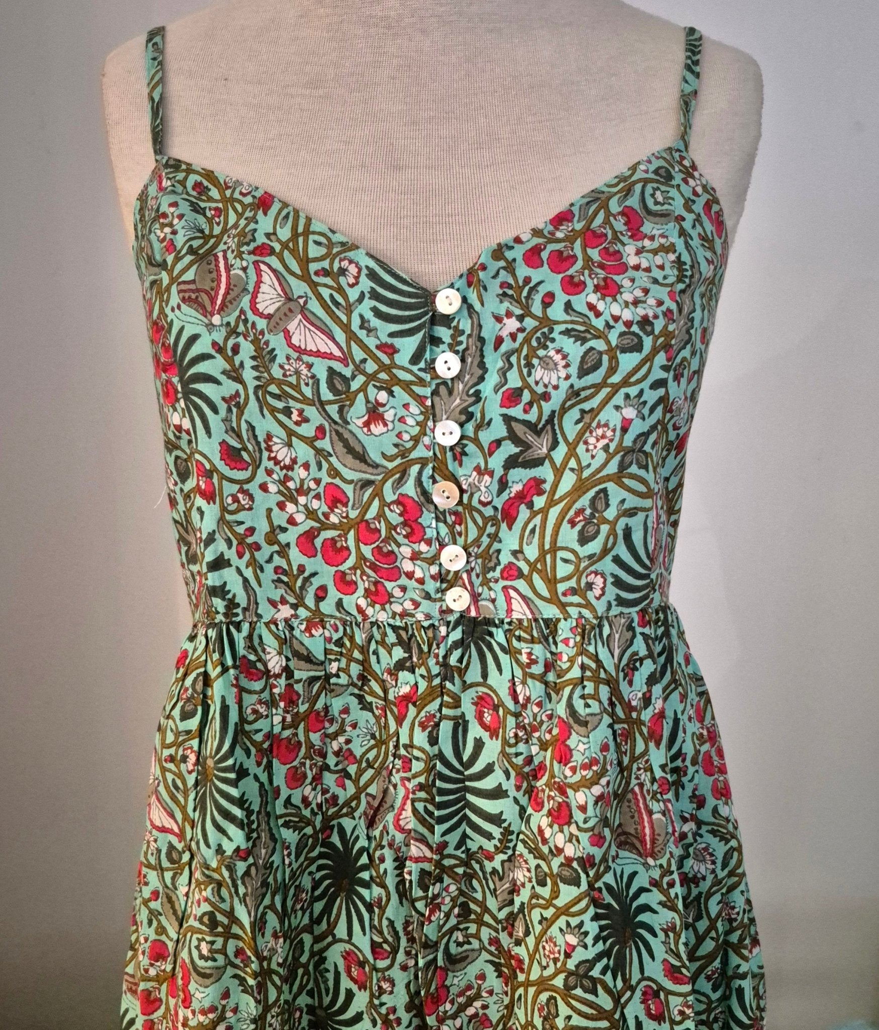 Block-print cotton sundress in a rainforest print