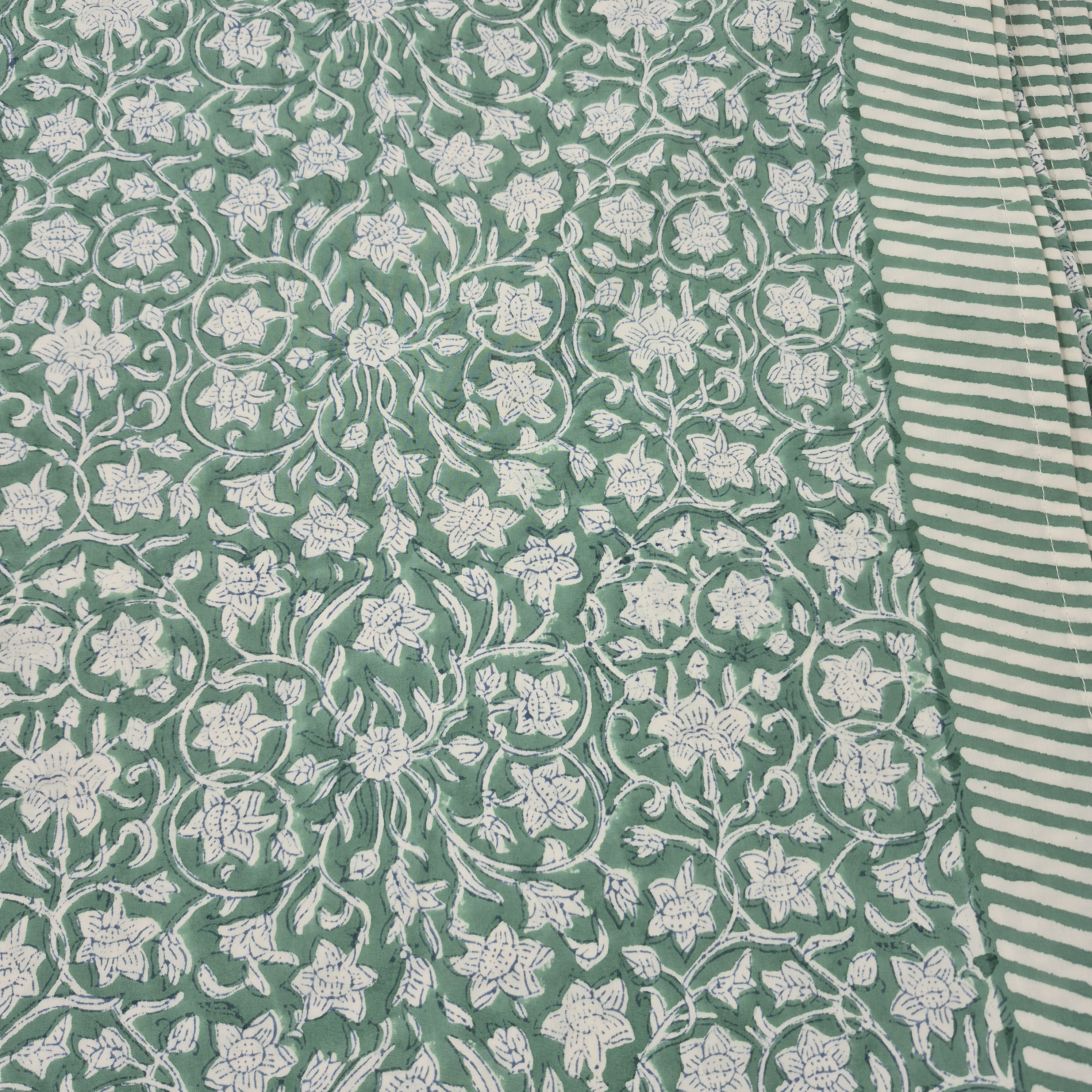 Vibrant green floral block-print cotton tablecloth