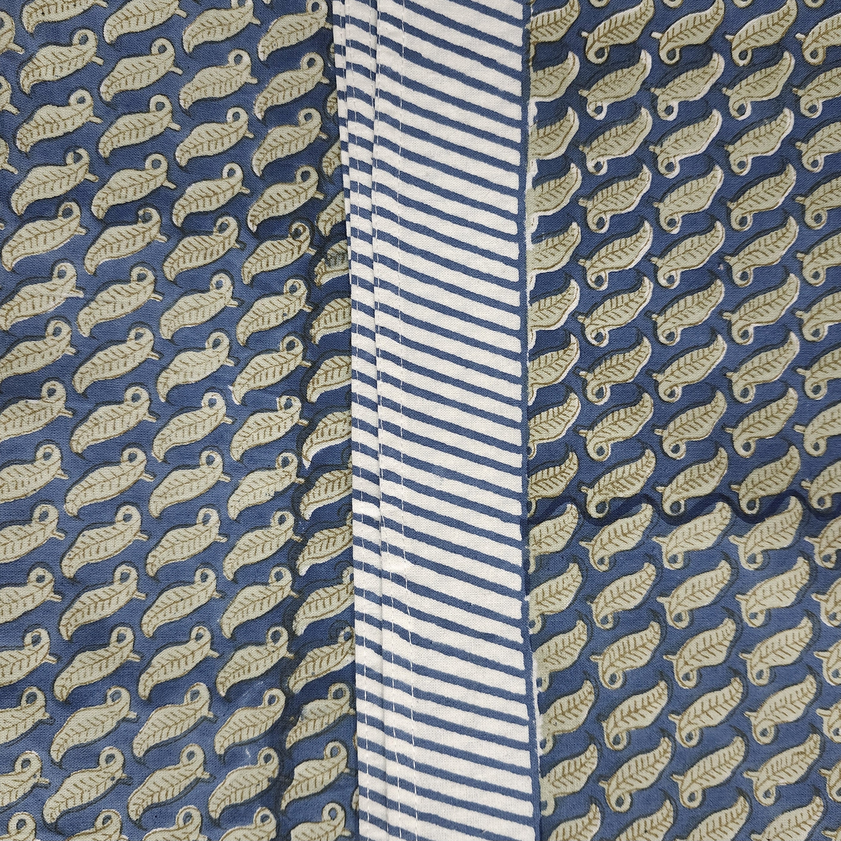 Sage green leaf block-print cotton tablecloth on blue with a striped border