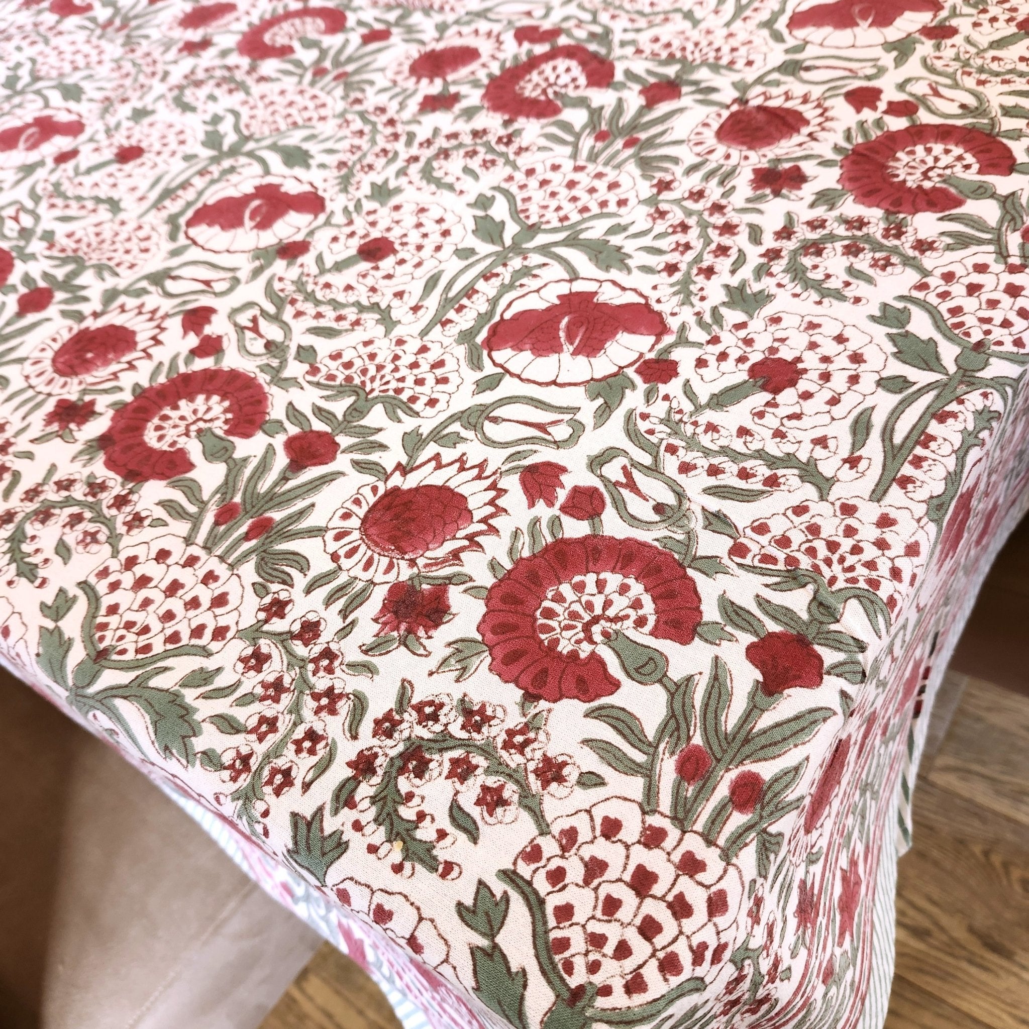 Carnation block-print cotton tablecloth, festive red and green