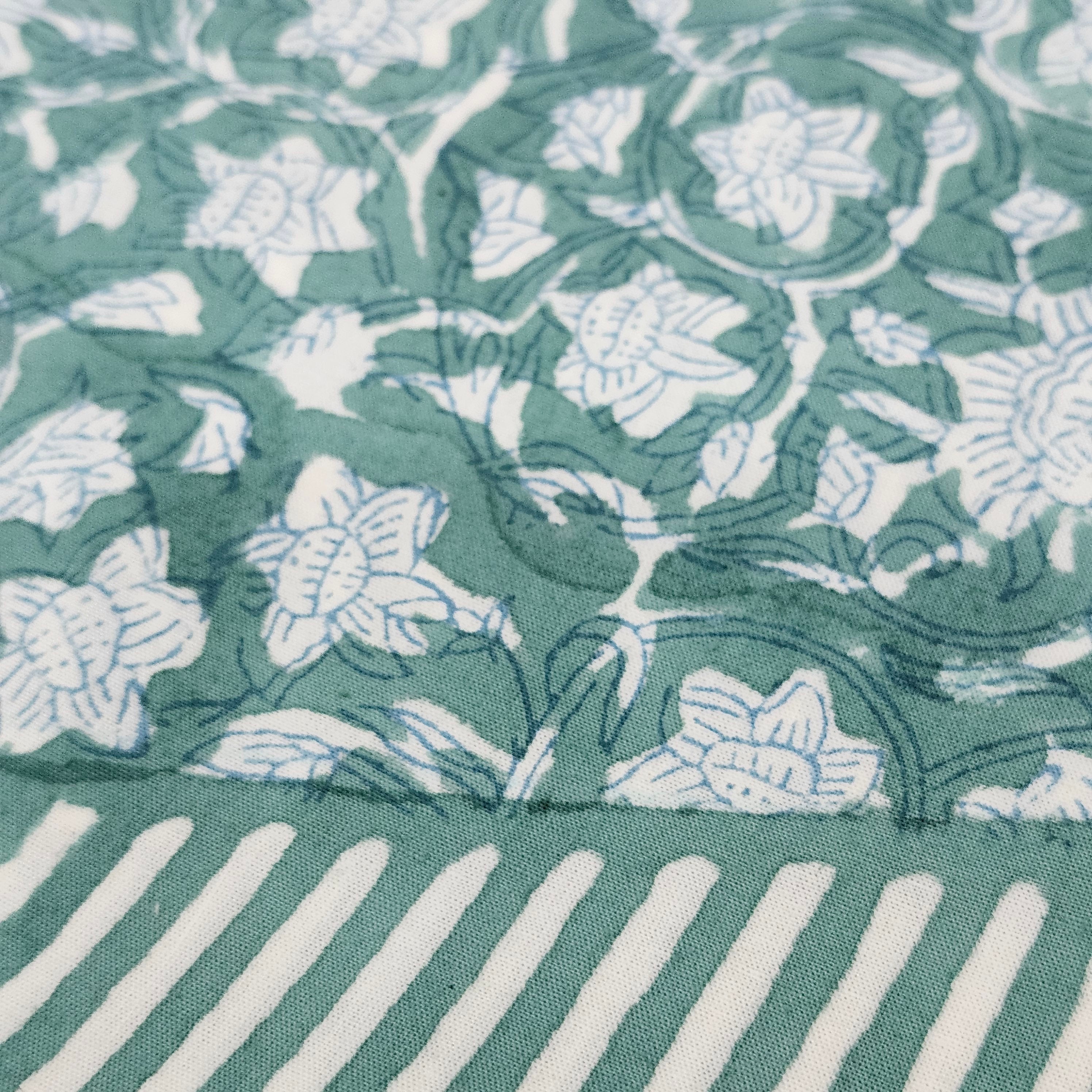 Floral green block-print cotton tablecloth