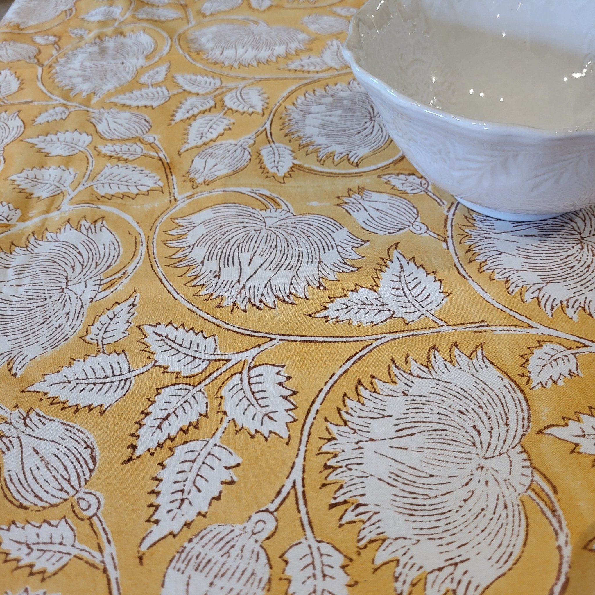 Yellow lotus block-print cotton tablecloth, full view