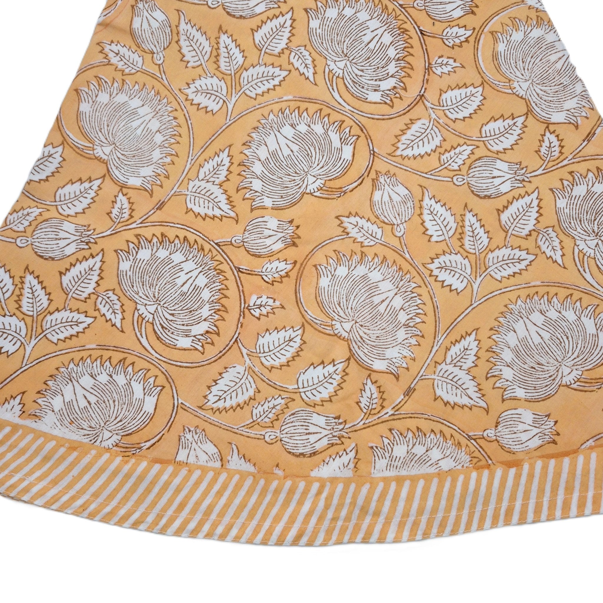 Round yellow lotus block-print cotton tablecloth