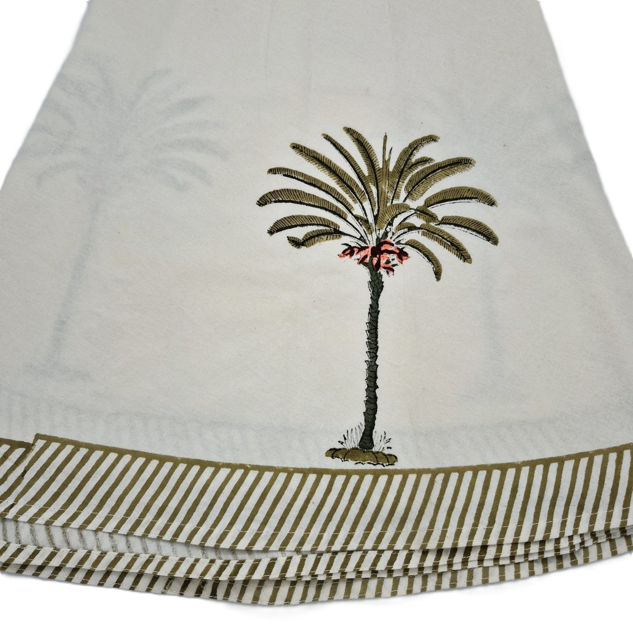 Round palm-tree block-print cotton tablecloth, 180 cm diameter, on white