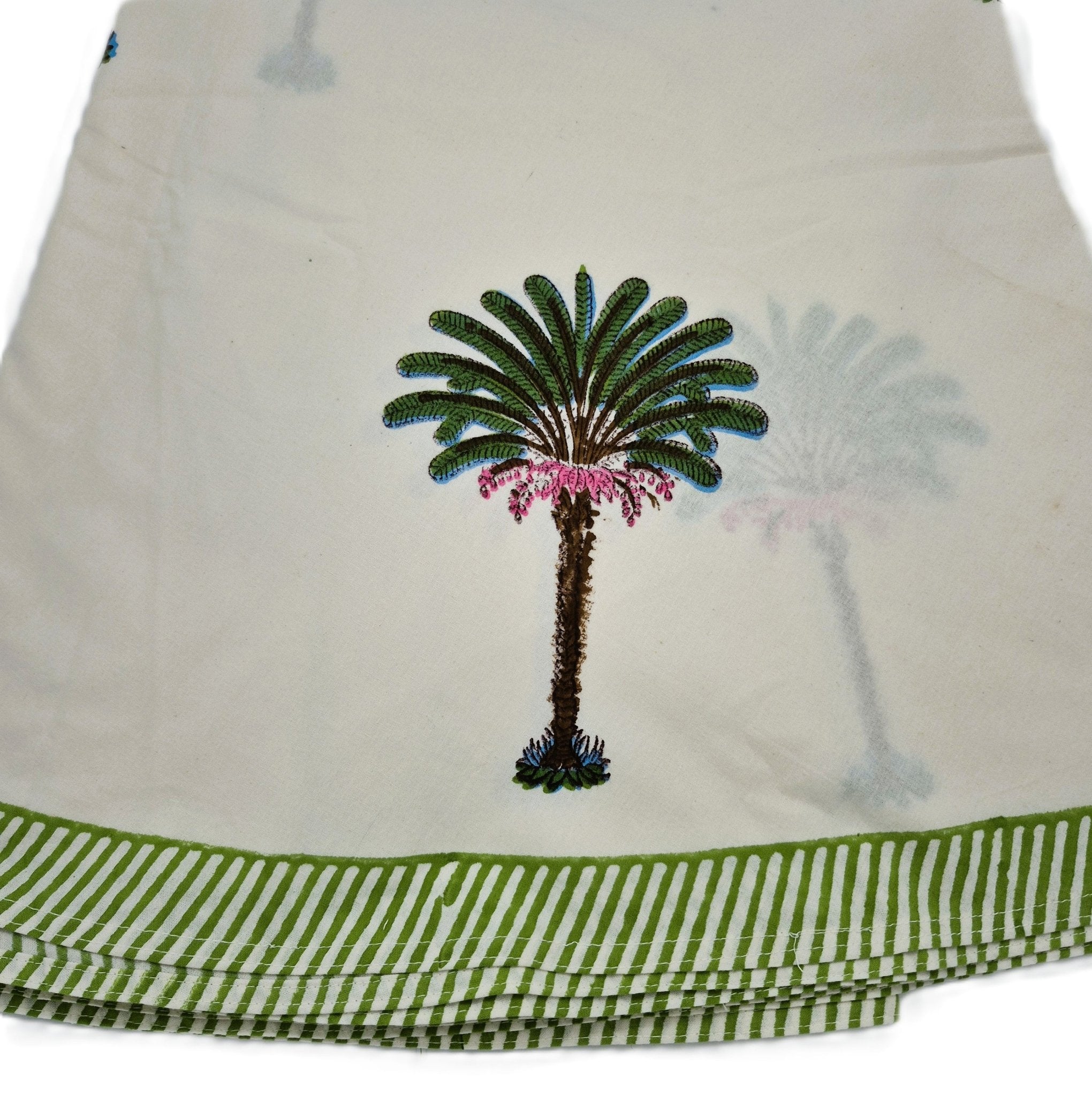 Palm-tree block-print cotton tablecloth, 225 cm, green palms on a white background