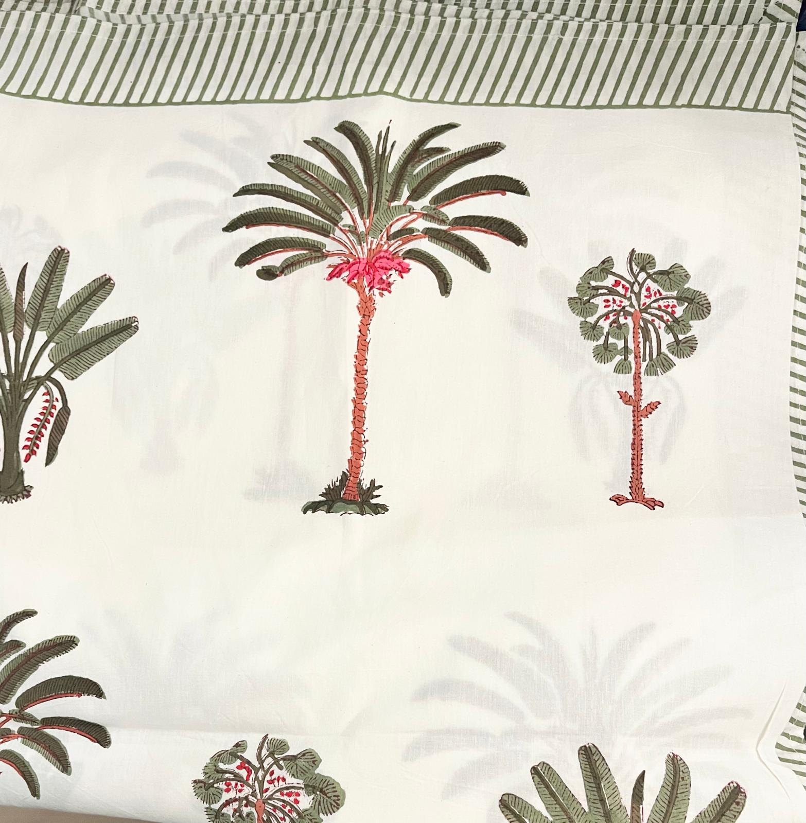 Classic green palm block-print cotton tablecloth
