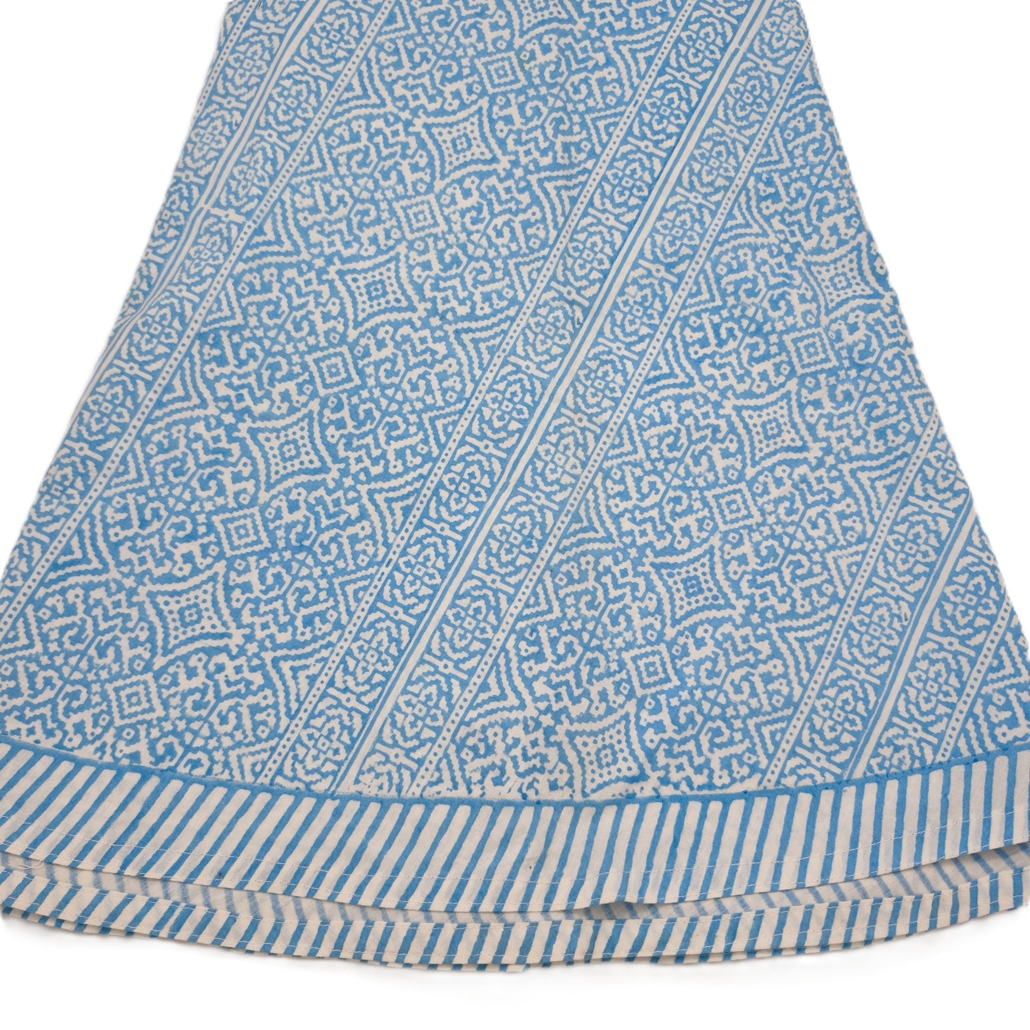 Round geometric block-print cotton tablecloth in blue, 180 cm diameter
