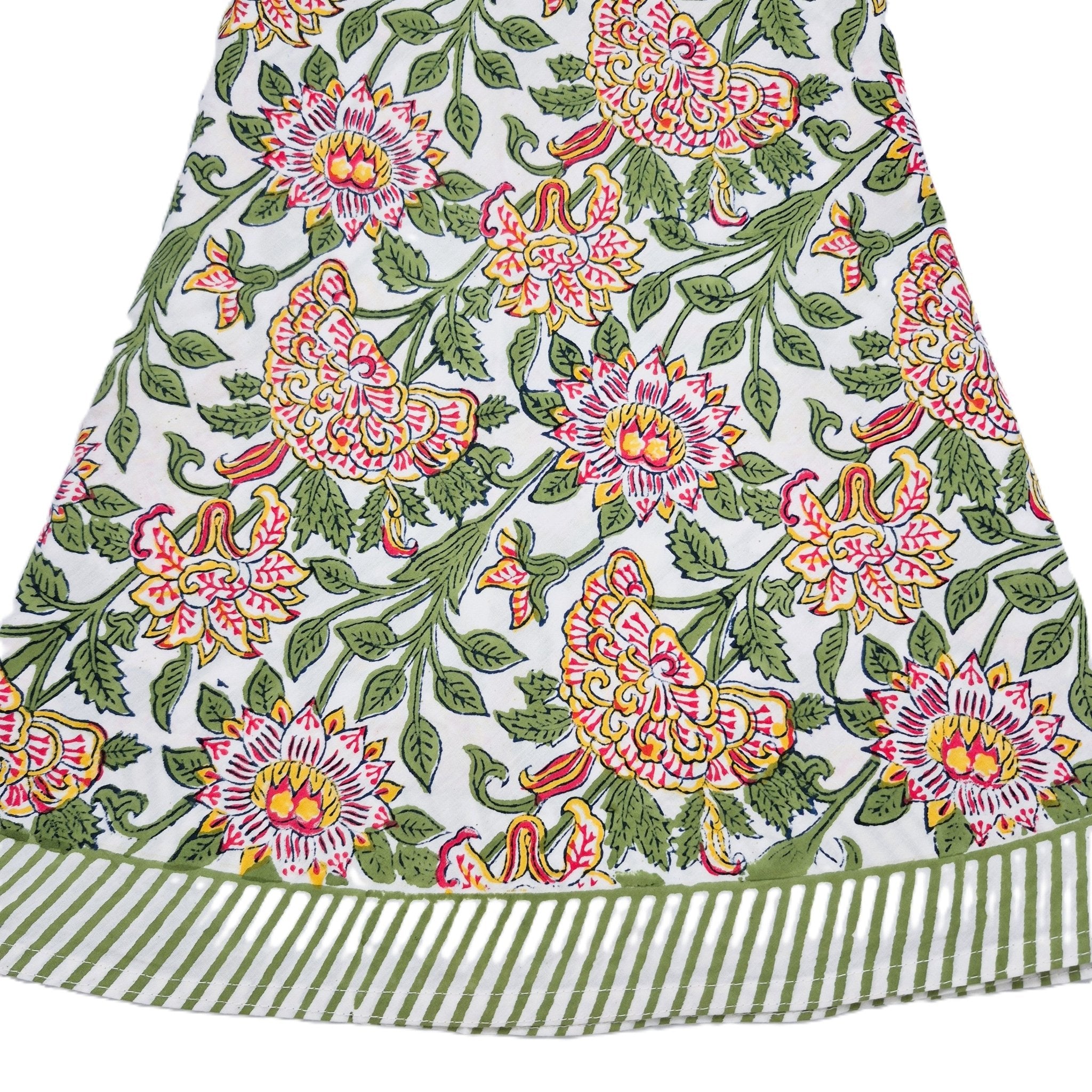 Round passion-flower block-print cotton tablecloth, 180 cm diameter