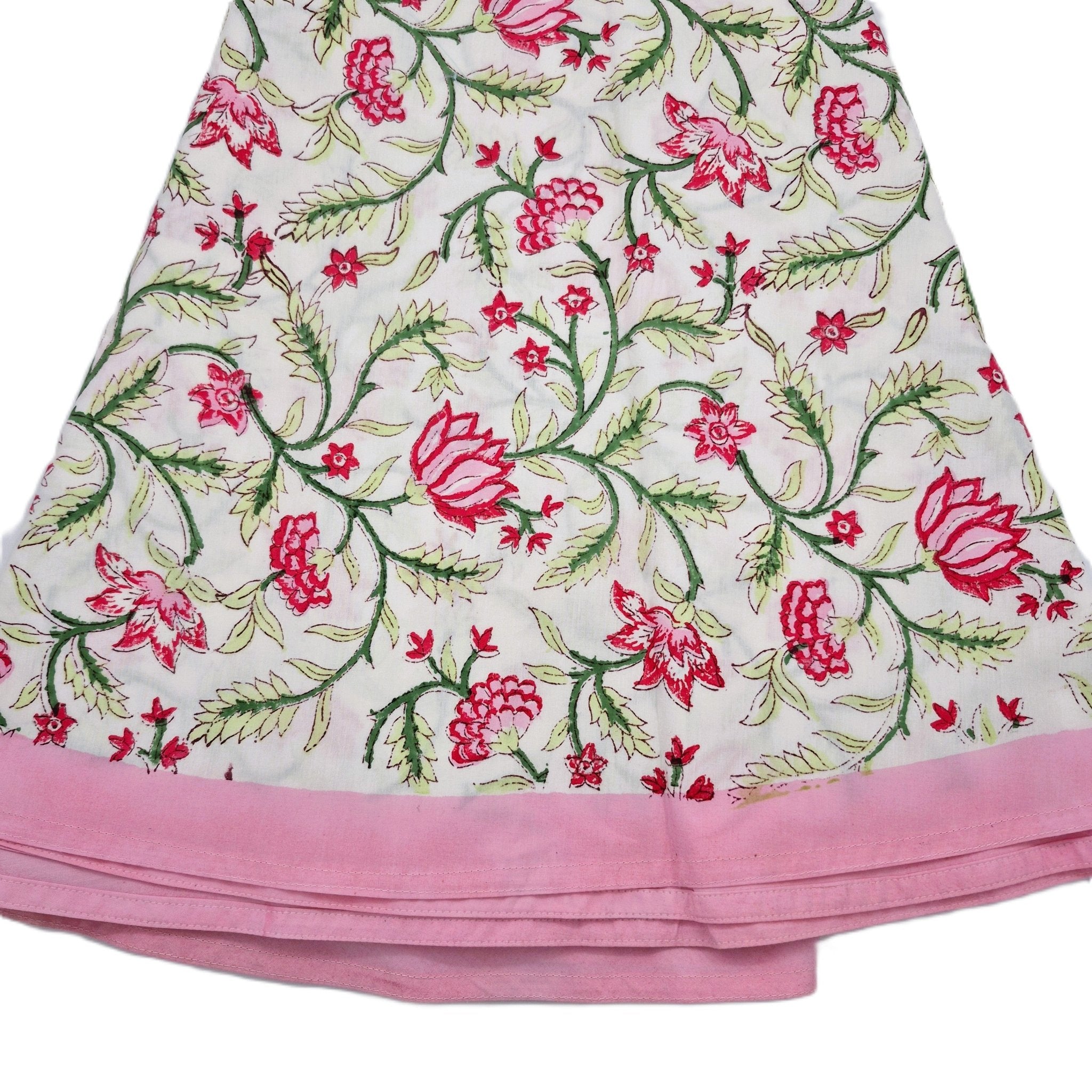 Round spring-floral block-print cotton tablecloth, 180 cm diameter