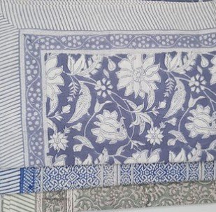 Square blue block-print cotton tablecloth, one of an assorted range