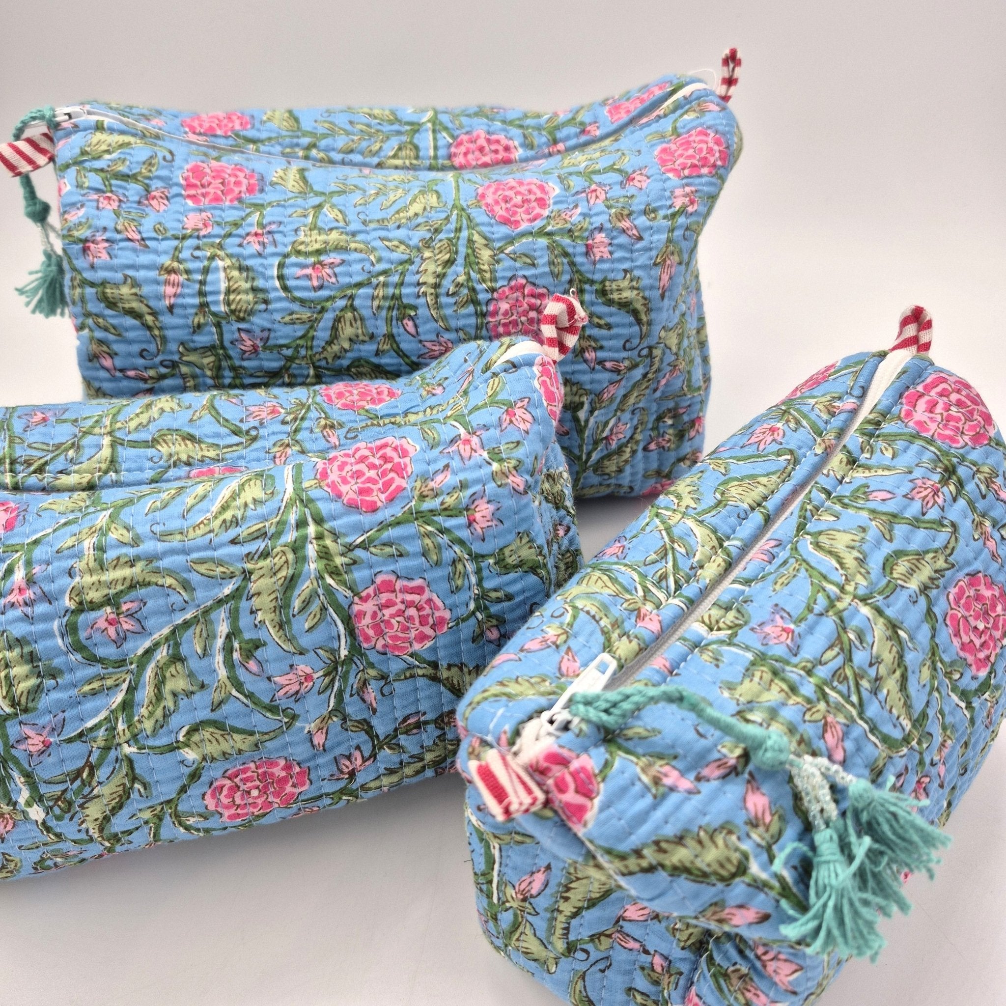 Blue carnation block-print wash bag