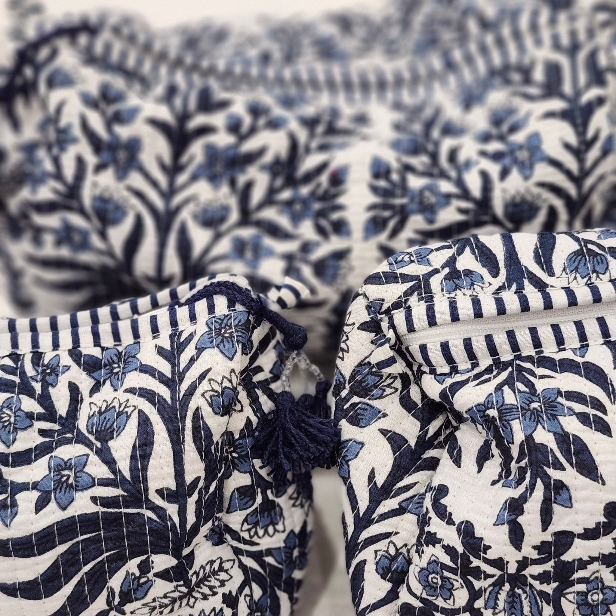 Blue floral block-print cotton wash bag