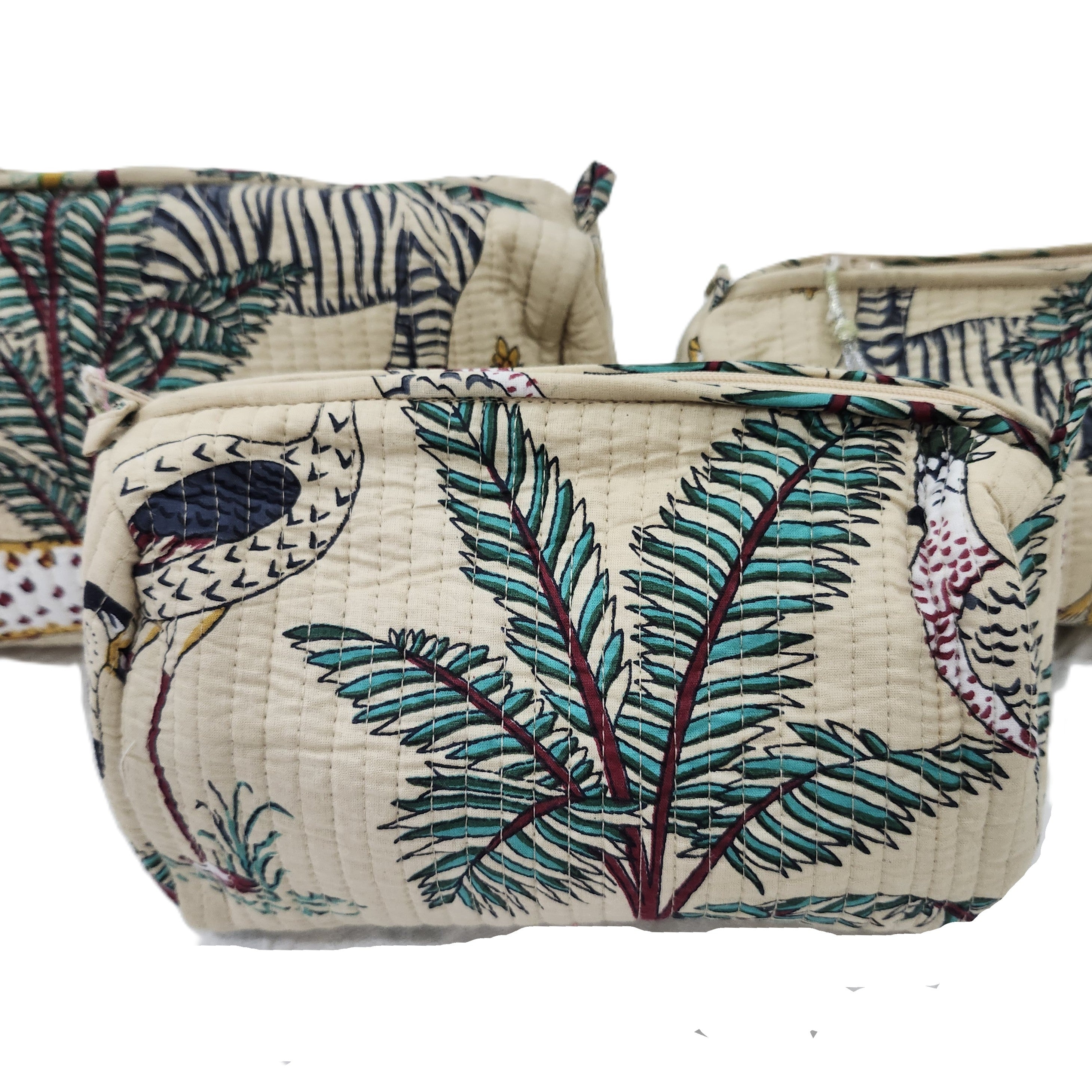 Safari block-print wash bag in beige with animals and palms