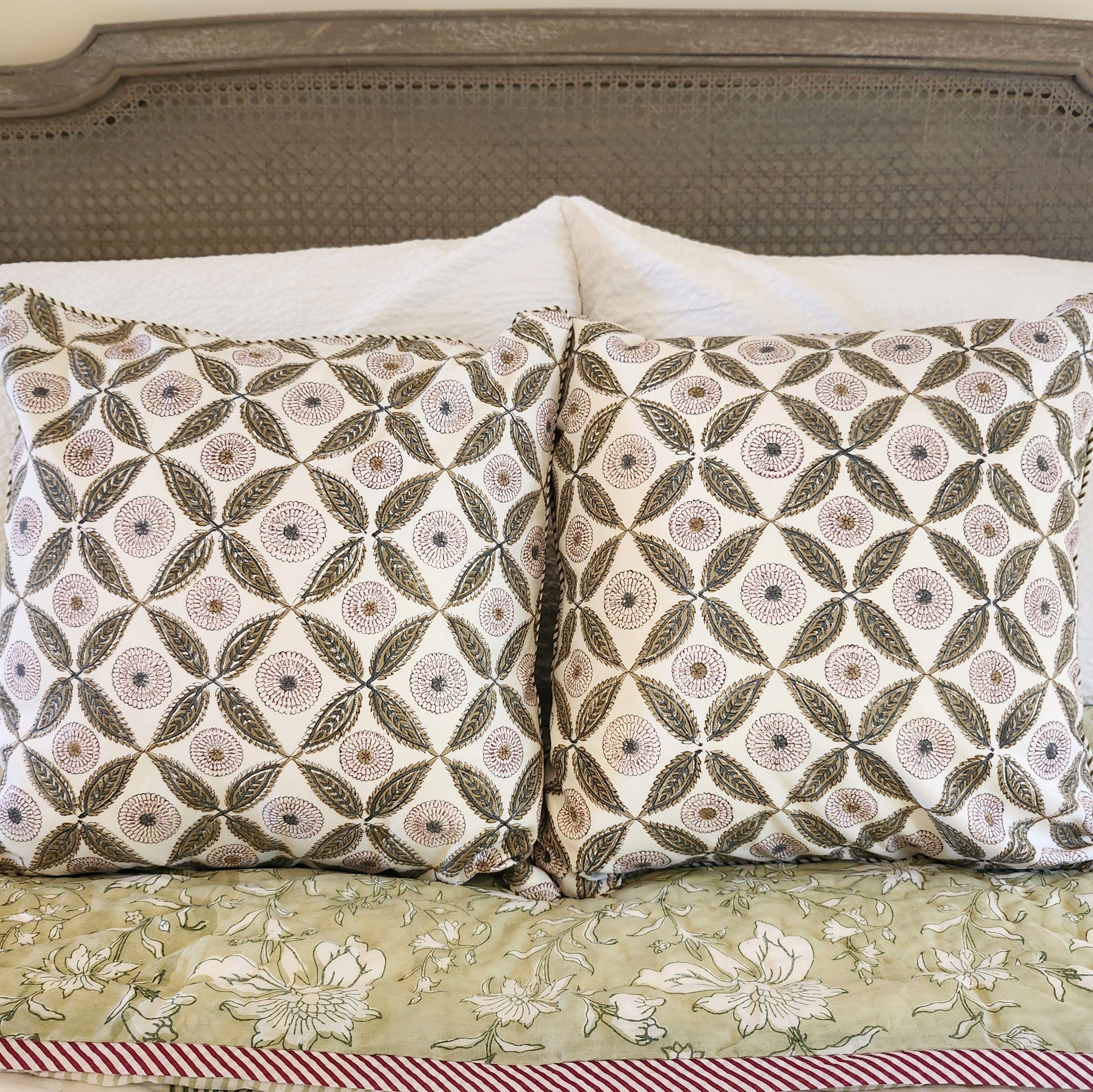 Carnation flower-head block-print cushion, 40 cm