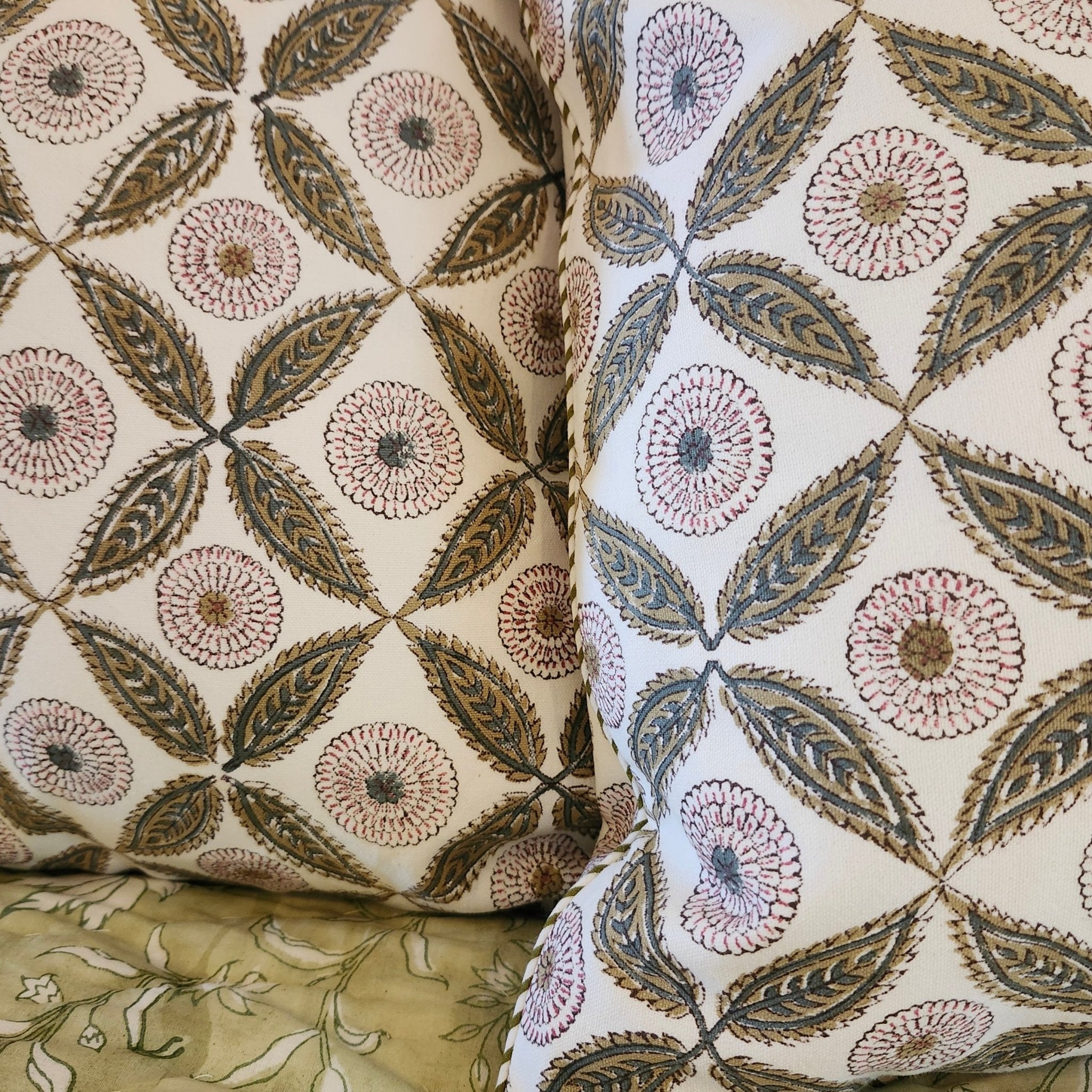 Carnation block-print cotton cushion cover with striped piping, 40 cm