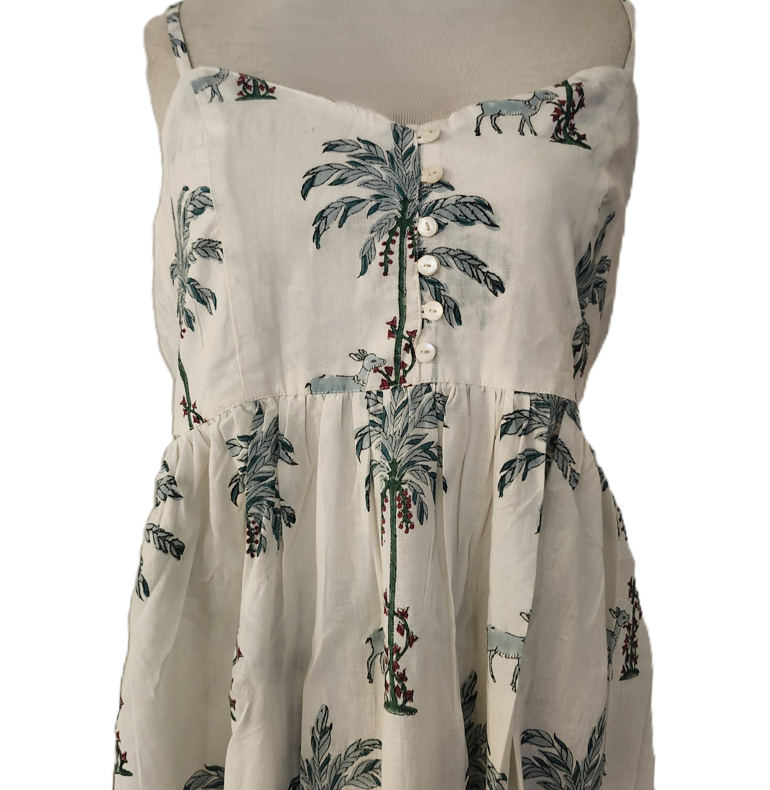 Block-print cotton sundress in a palm print