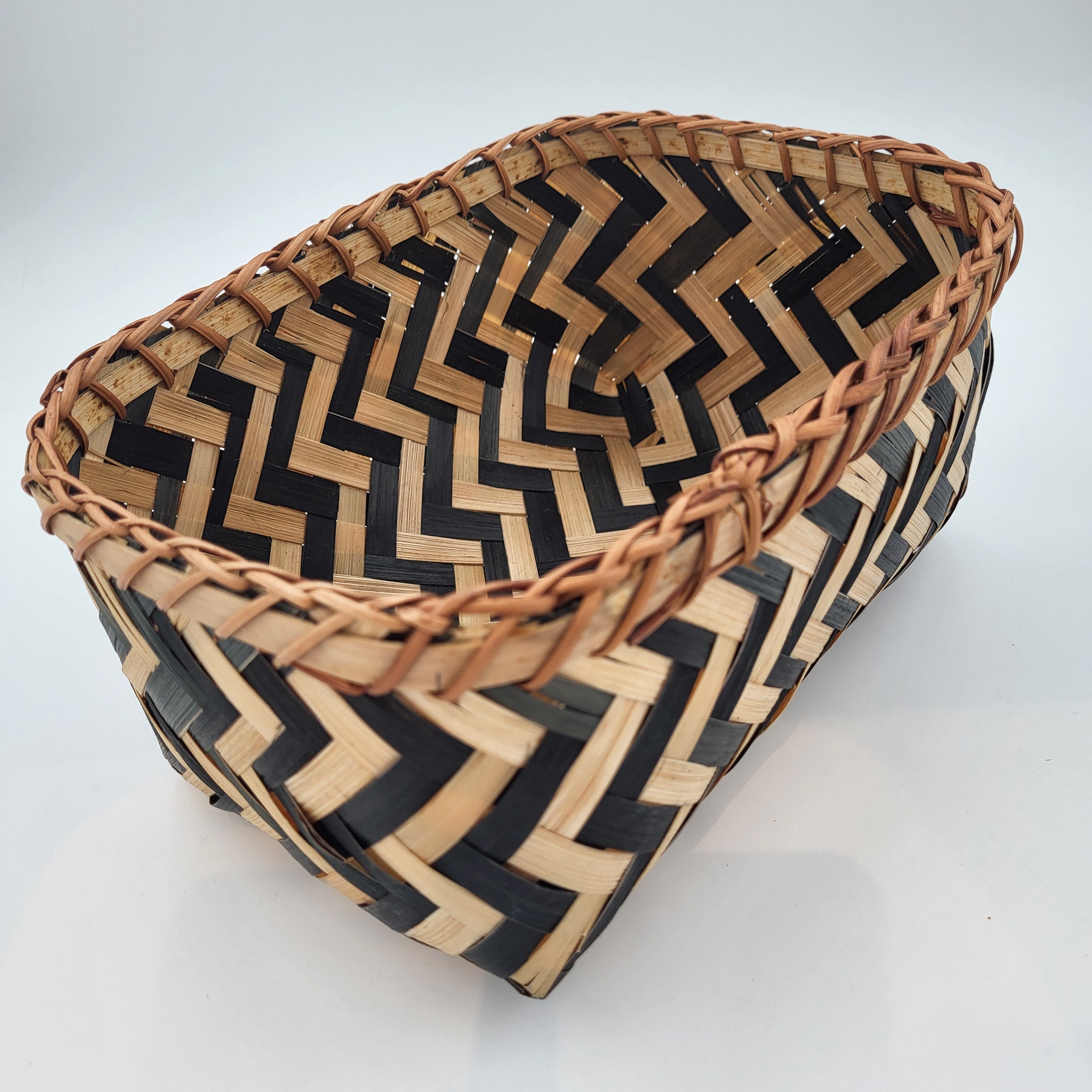 Black and white striped woven bamboo storage basket, 20 cm