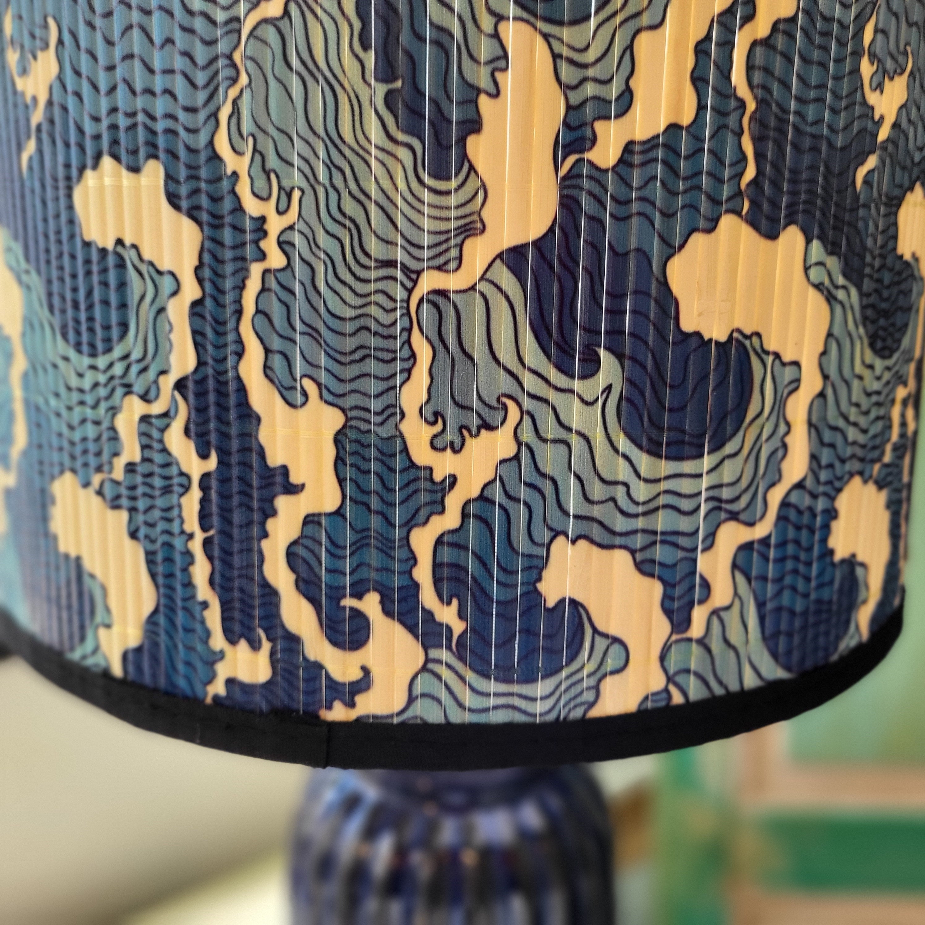The Wave lampshade, Hokusai-inspired wave print on bamboo, 30 cm diameter