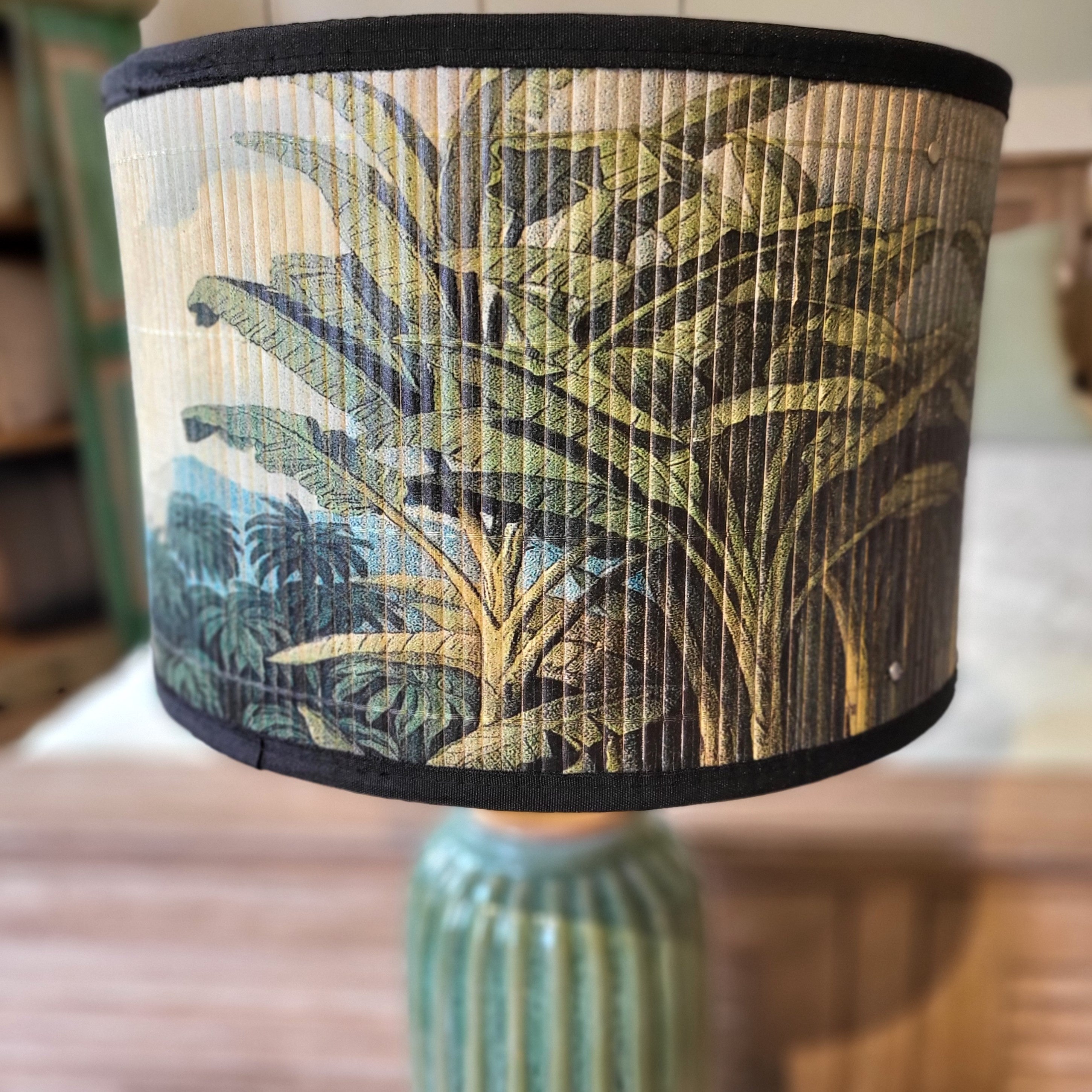 Annam lamp with a printed bamboo shade and glazed base, handmade in Vietnam