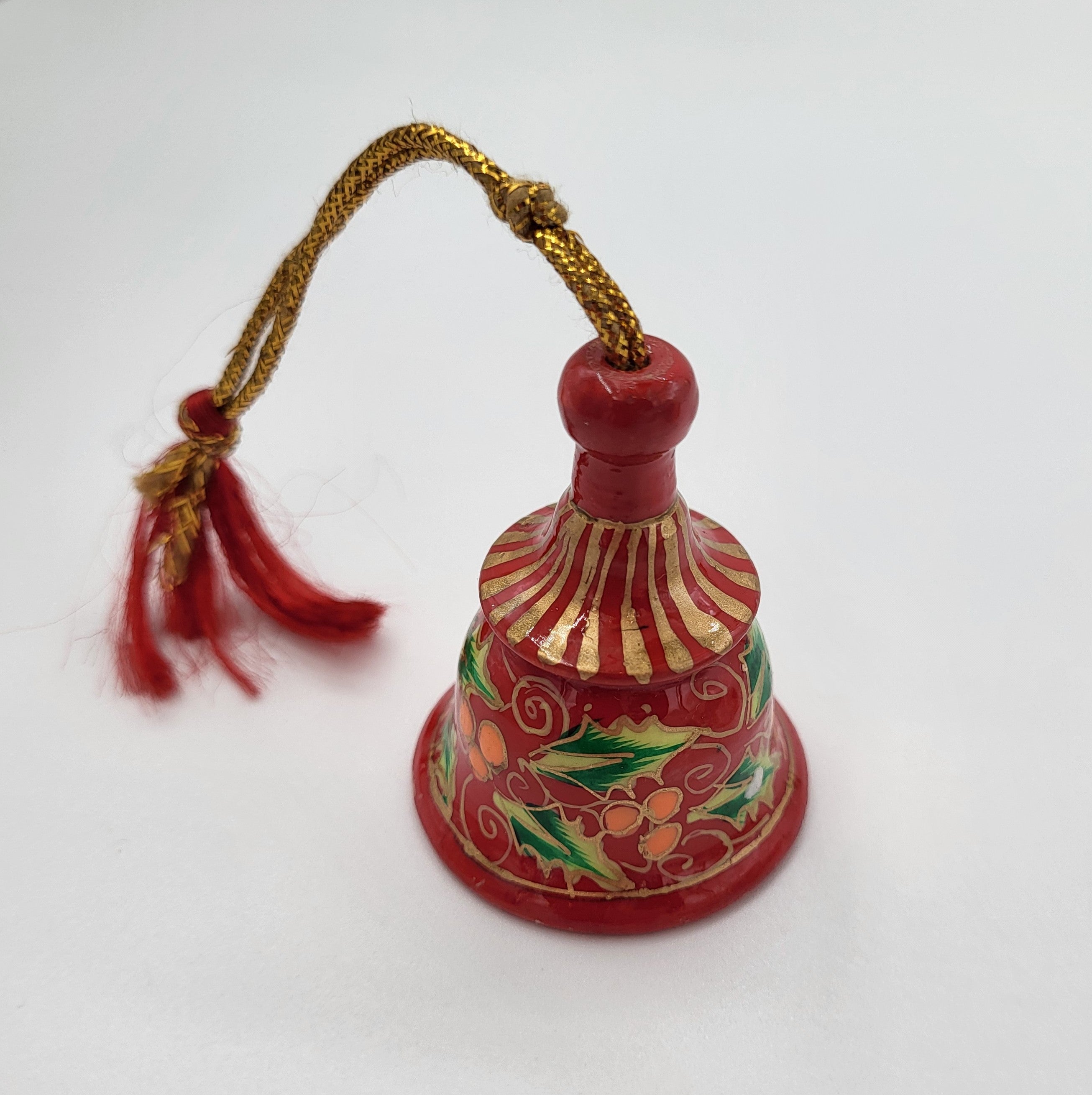 Holly tiny bell in red, hand-painted papier mache with brass bell