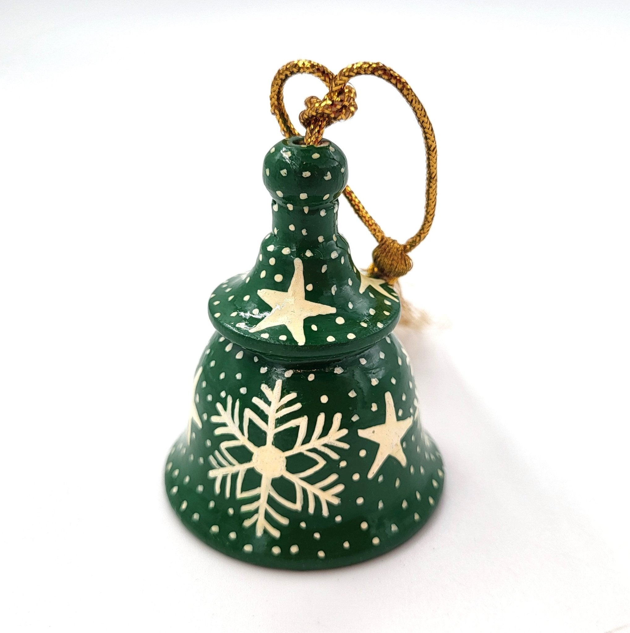 Snowflake tiny bell in green, hand-painted papier mache with brass bell
