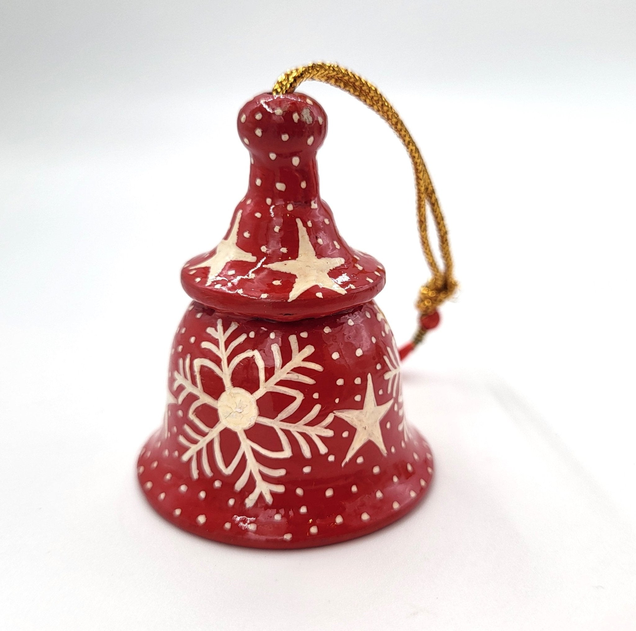 Snowflake tiny bell in red, hand-painted papier mache with brass bell