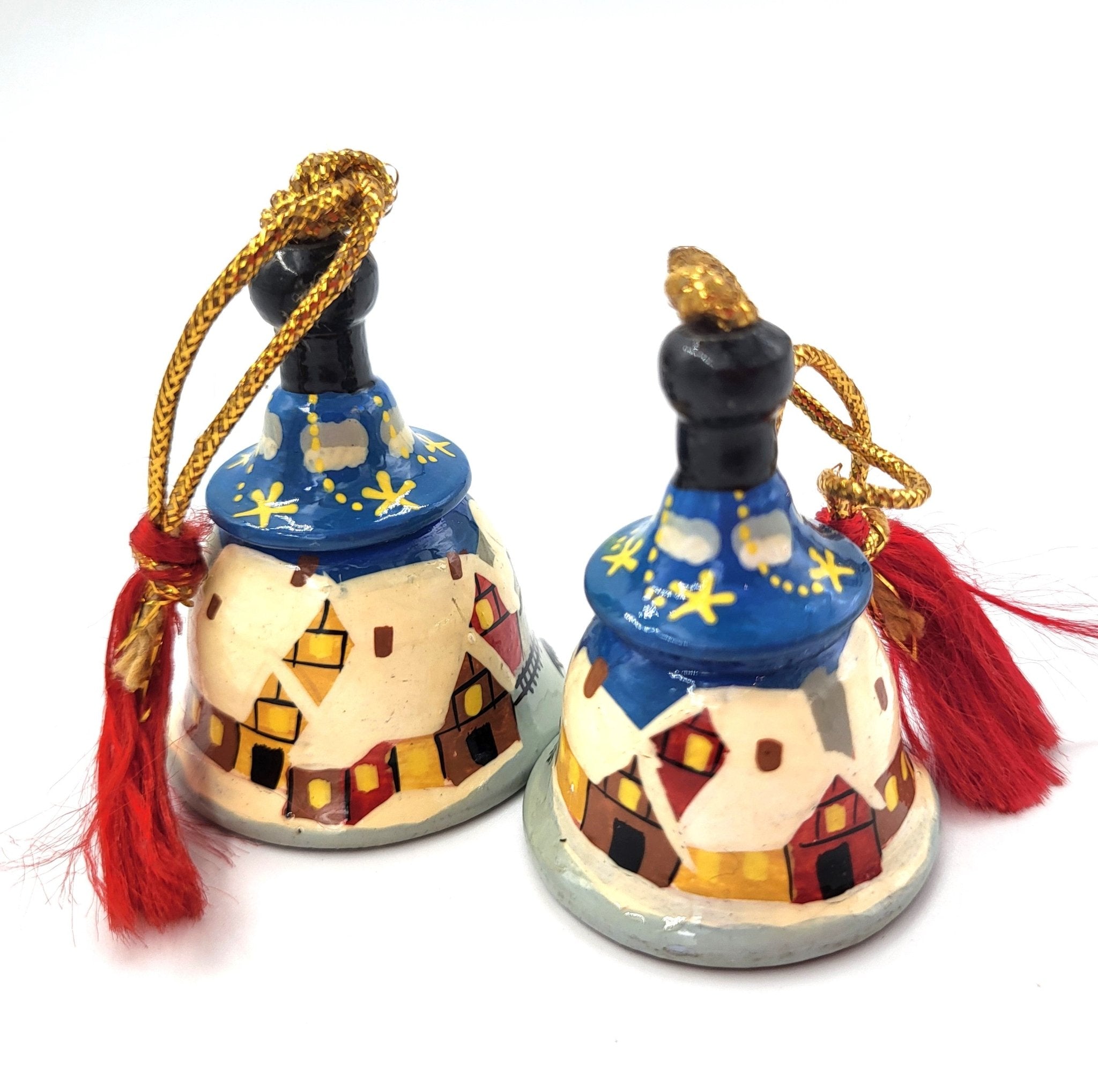 Winter Houses tiny bell with snowy night scene, hand-painted papier mache