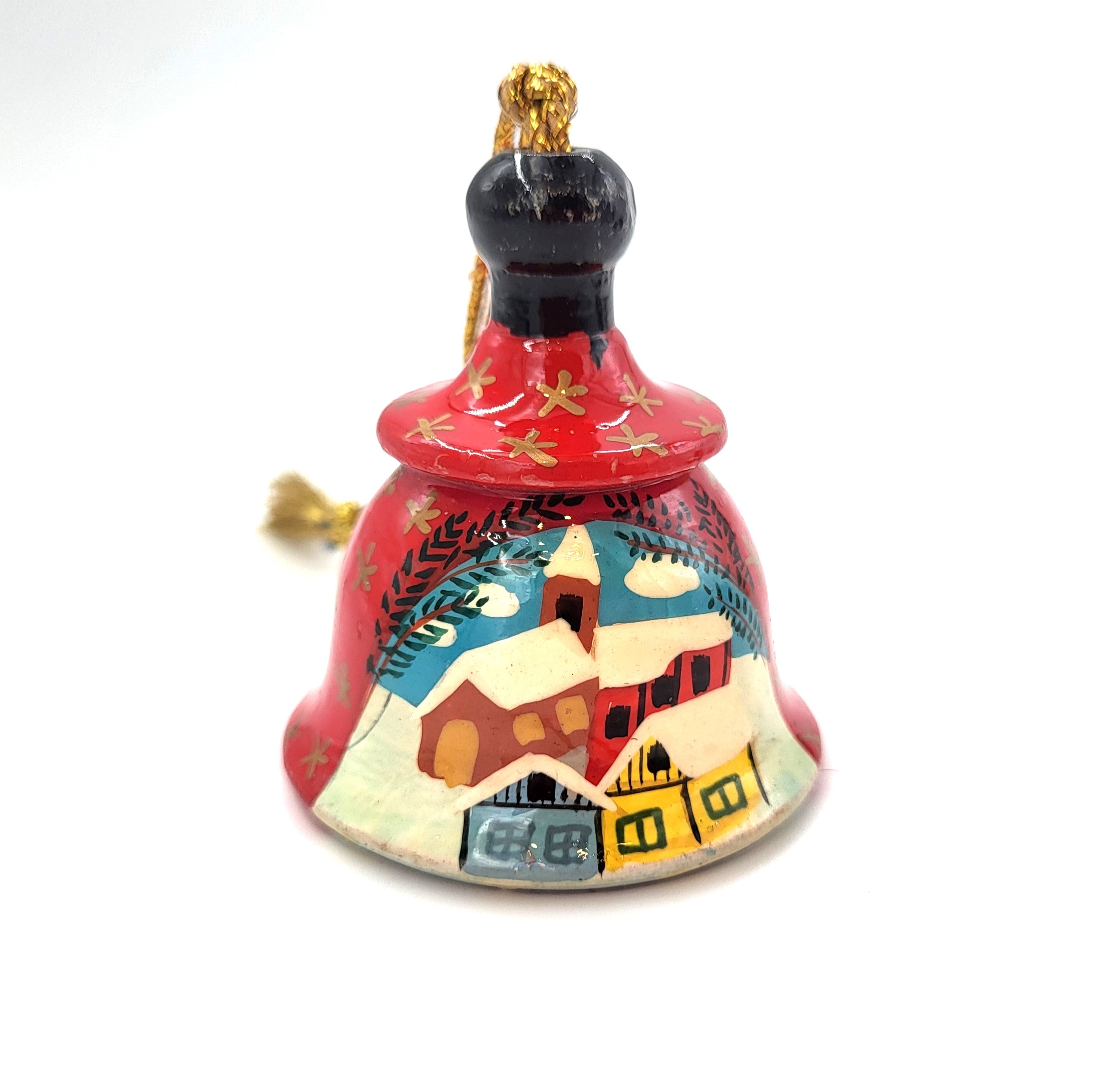 Winter Houses tiny bell with village scene, hand-painted papier mache with brass bell