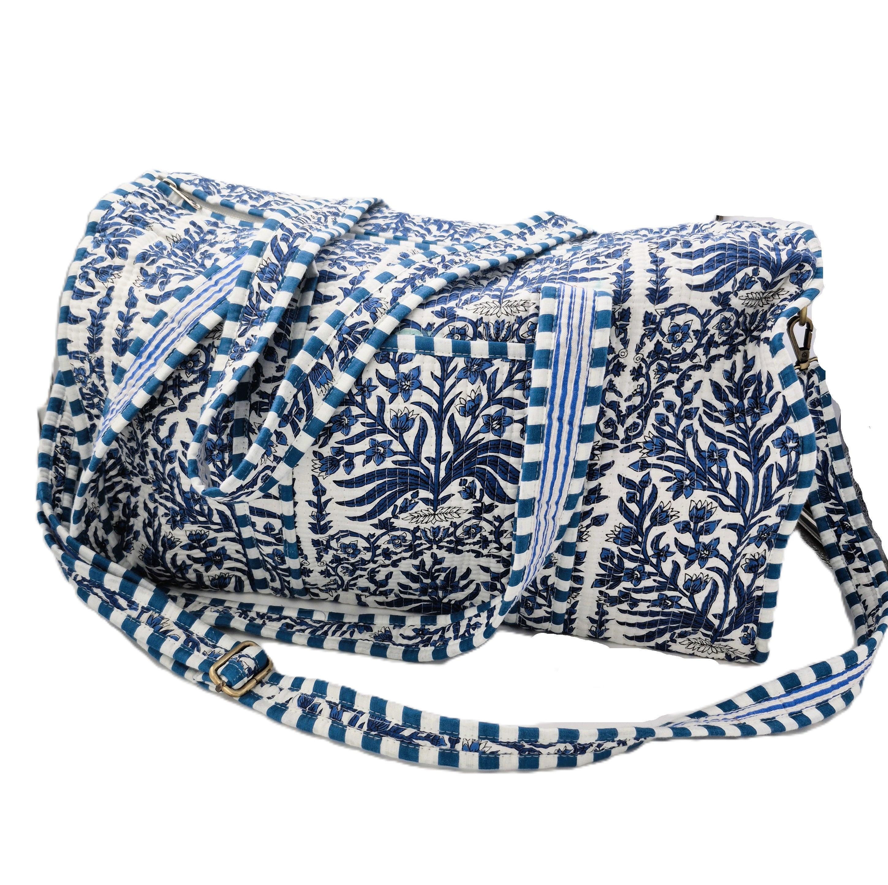 Quilted block-print weekend bag in blue floral