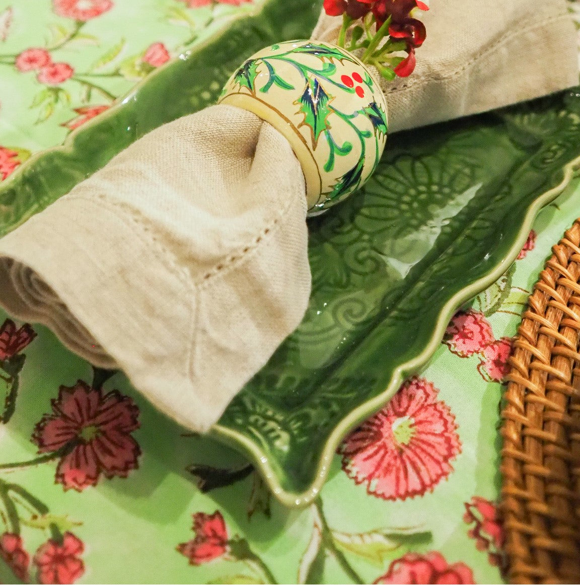 Mint floral block-print tablecloth set for Christmas