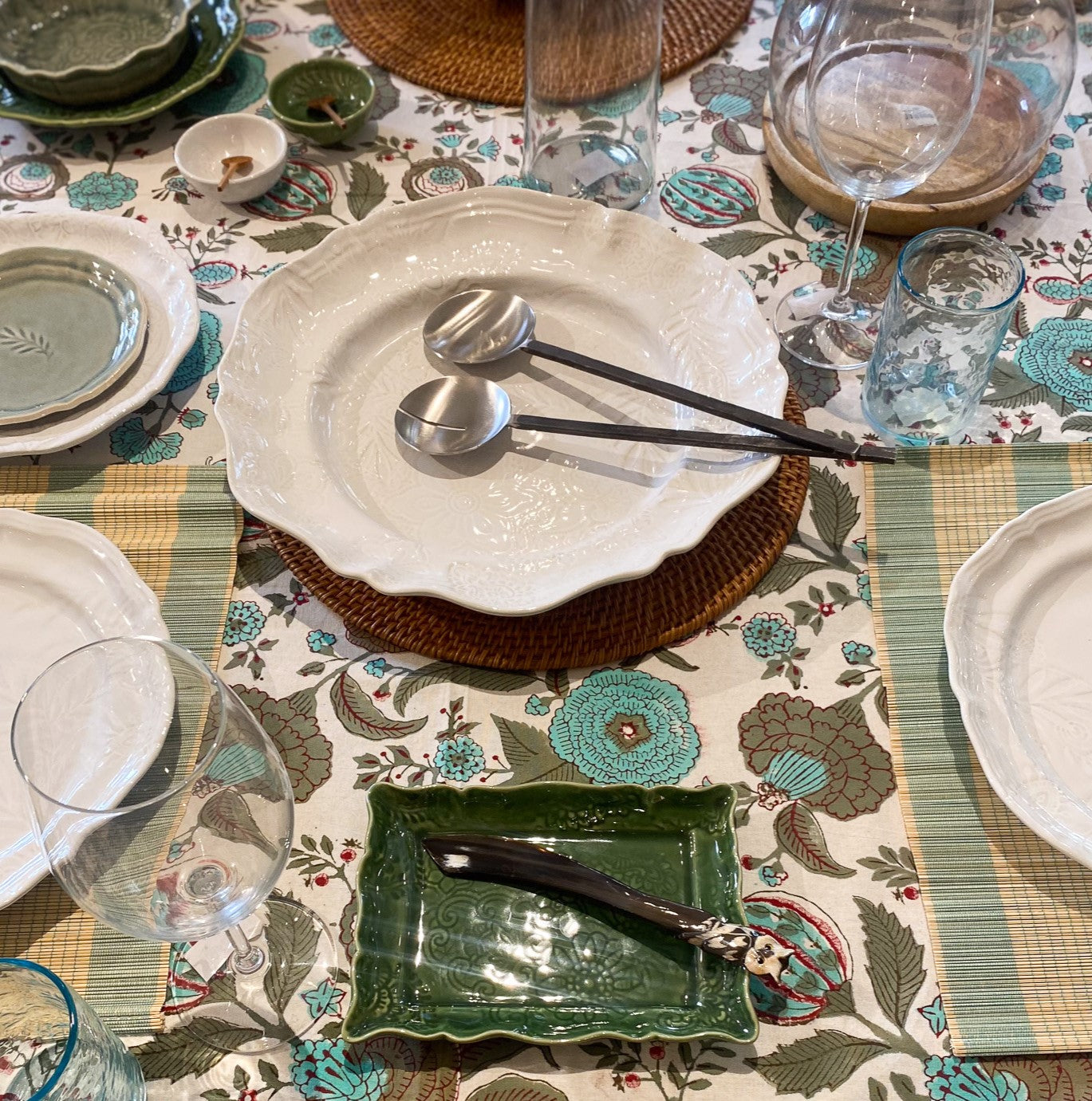 Pomegranate block-print cotton tablecloth