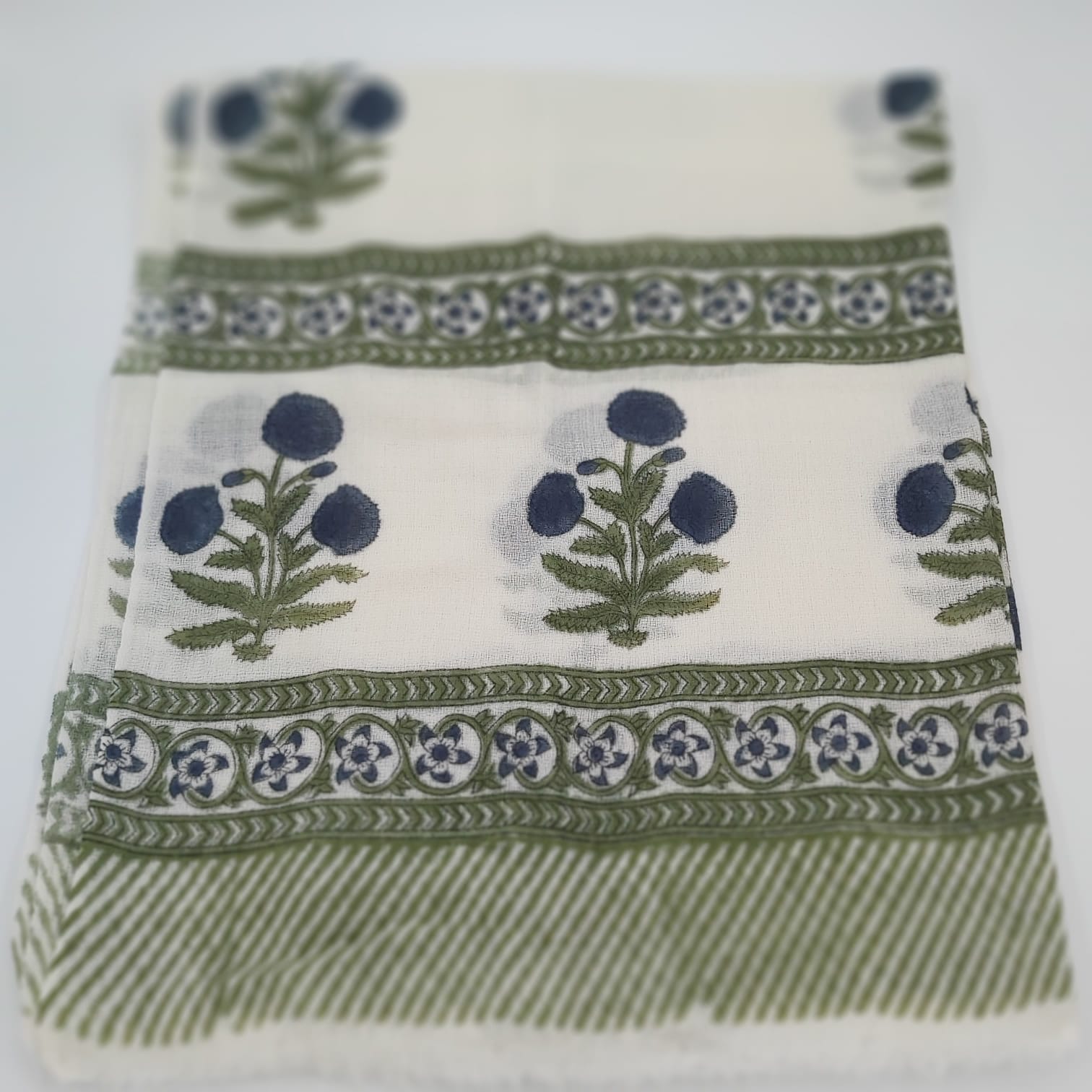 Block-print wool shawl with a blue poppy motif
