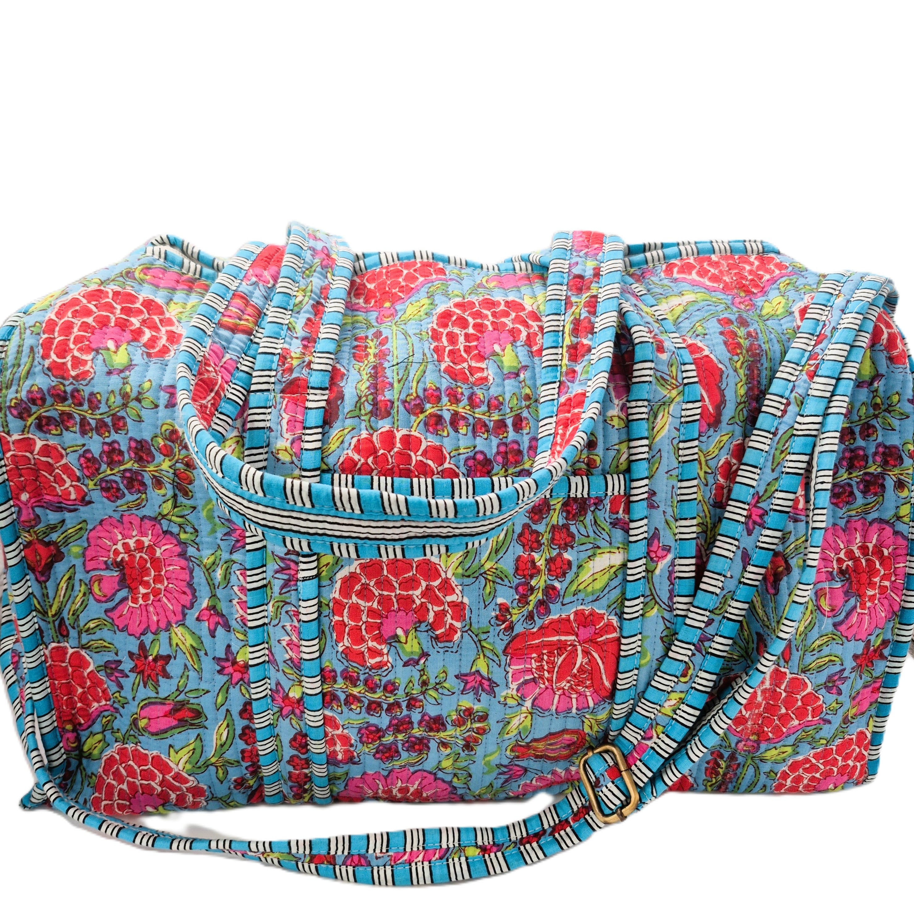 Quilted block-print weekend bag in pink flowers