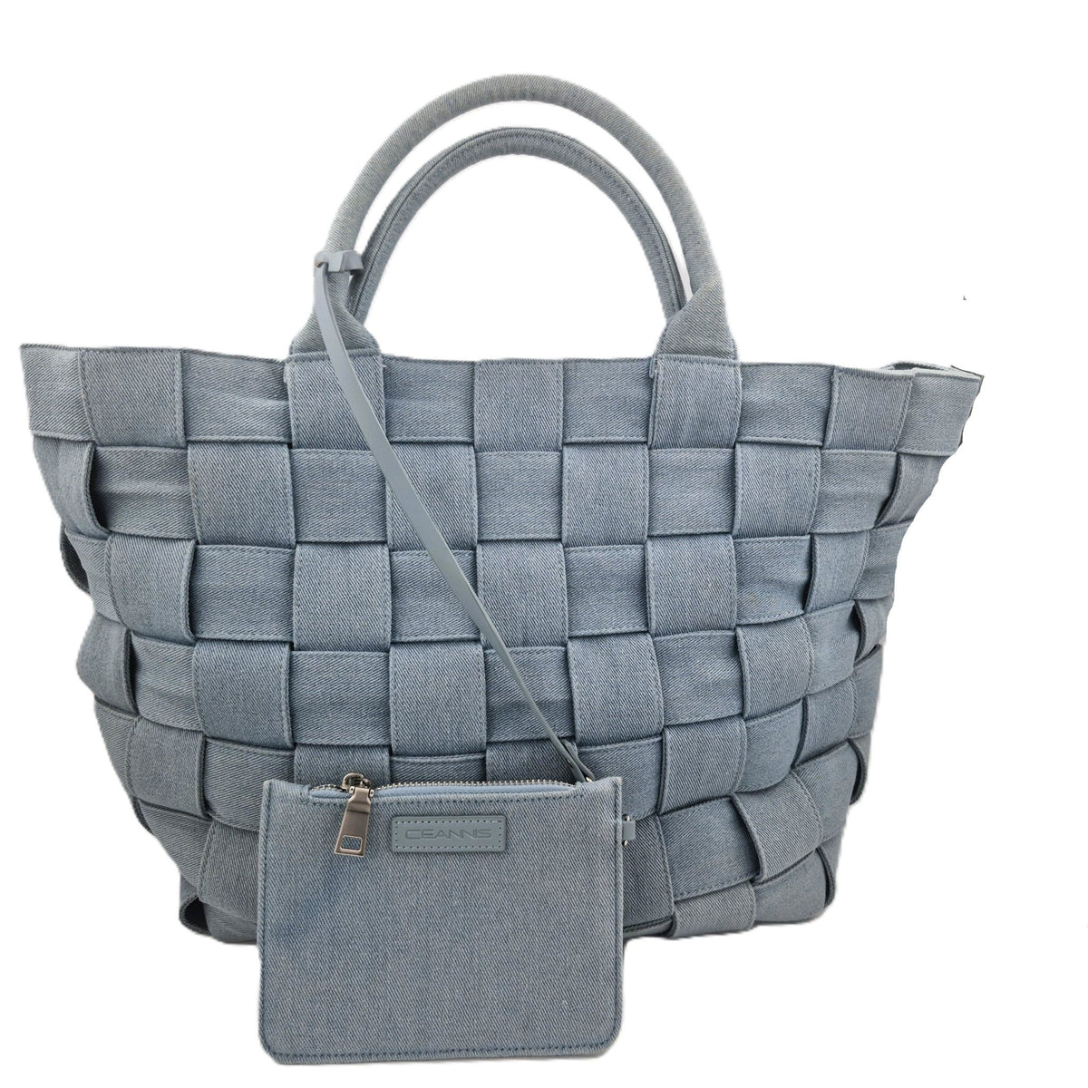 Braided strap shopper in denim cotton with side compartments, zip middle section and key holder