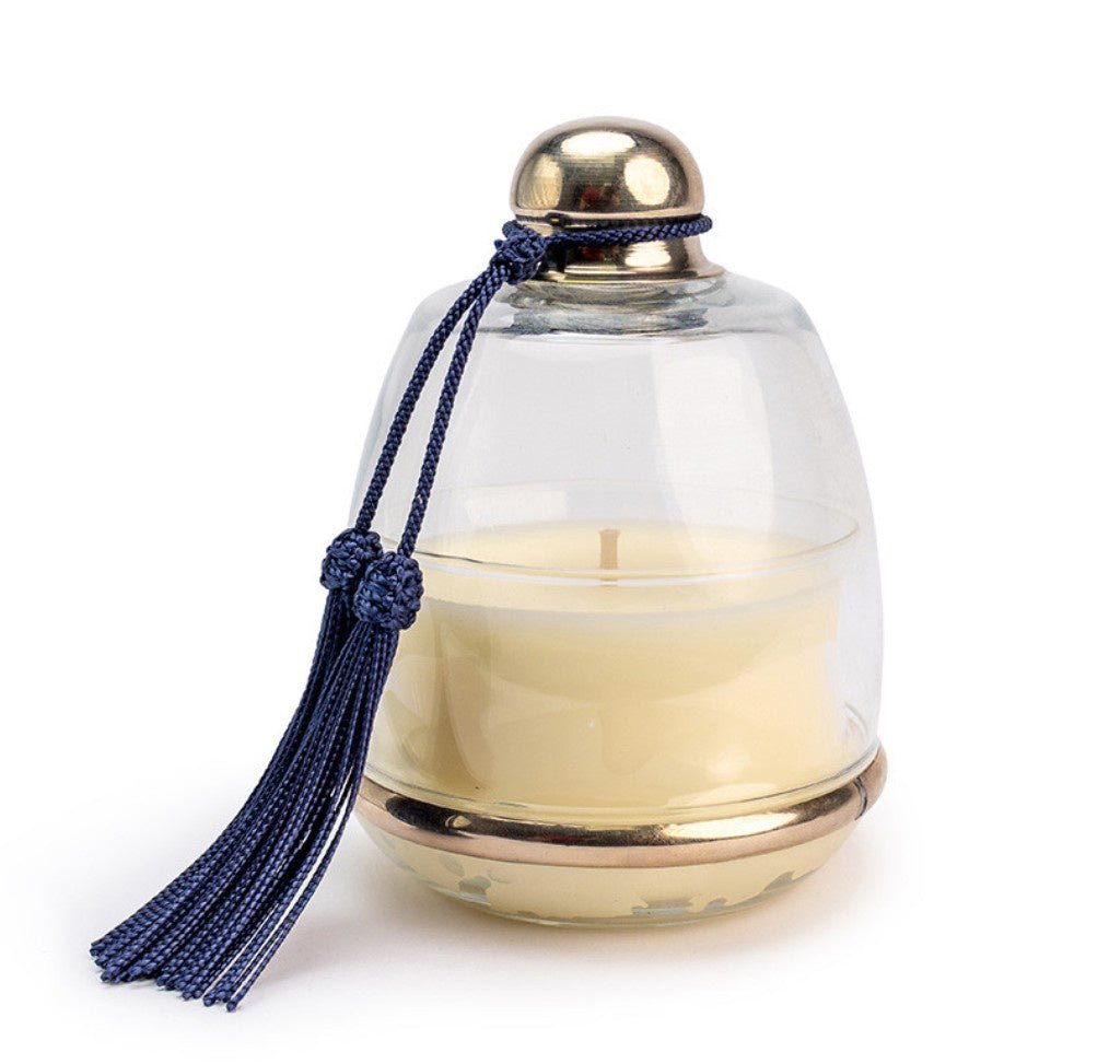 Cloche Incense candle under bell-shaped glass lid with blue tassel, incense scent