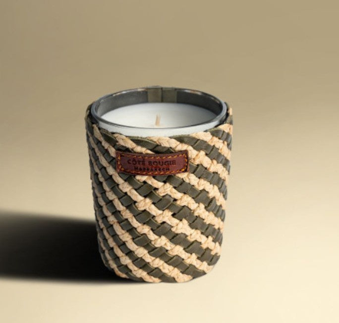 Raphia and Leather Noria candle in jar dressed in handwoven raffia and leather, musky scent